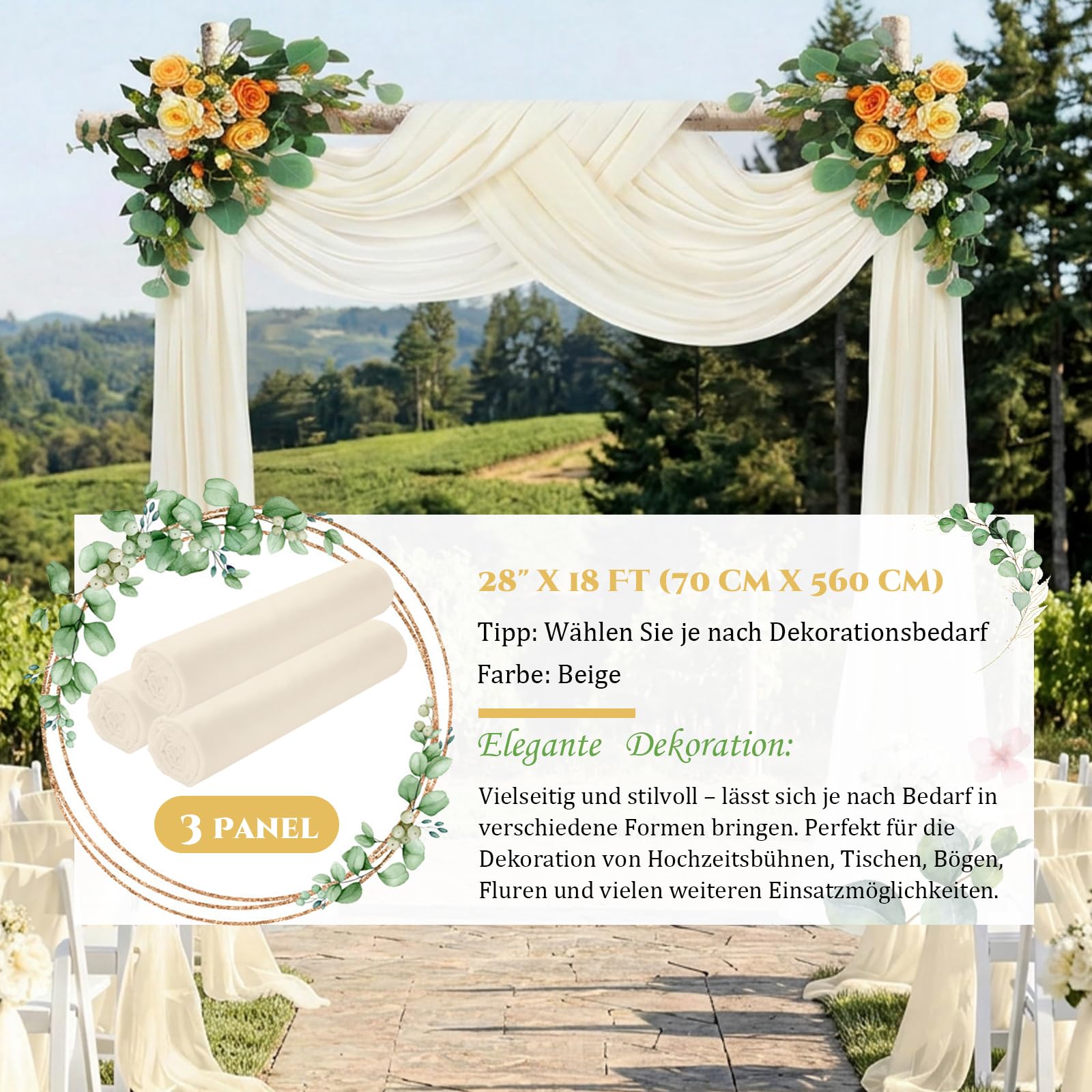 Lot de 3 rideaux d'arche de mariage beige - Décoration mains libres - 70 x 560 cm - En mousseline de soie - Pour mariage, photographie, fête, cérémonie, décoration de scène