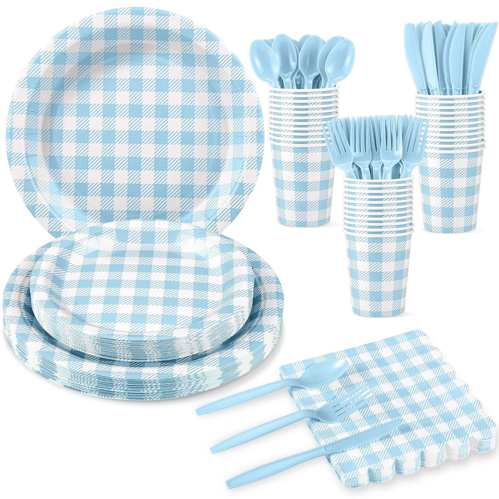 NatNarr 175 Pcs Gingham Paper Plates, Boy Baby Shower Decorations Include Blue Gingham Plates and Napkins Cups Disposable Blue Dinnerware for Picnic,