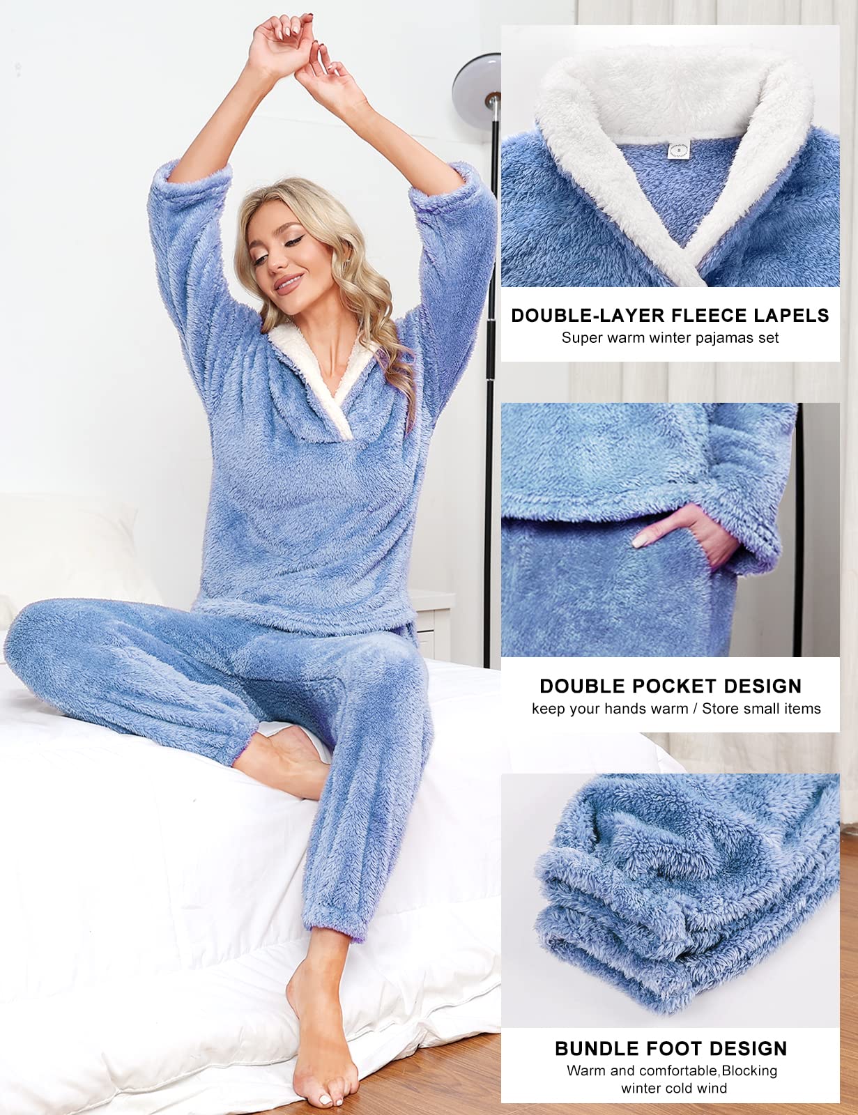 TOMEEK Set Pigiama Invernale da Donna Set da Pigiama a Maniche Lunghe in Pile Set da Salotto Morbido Caldo per la Casa con Felpa e Pantaloni