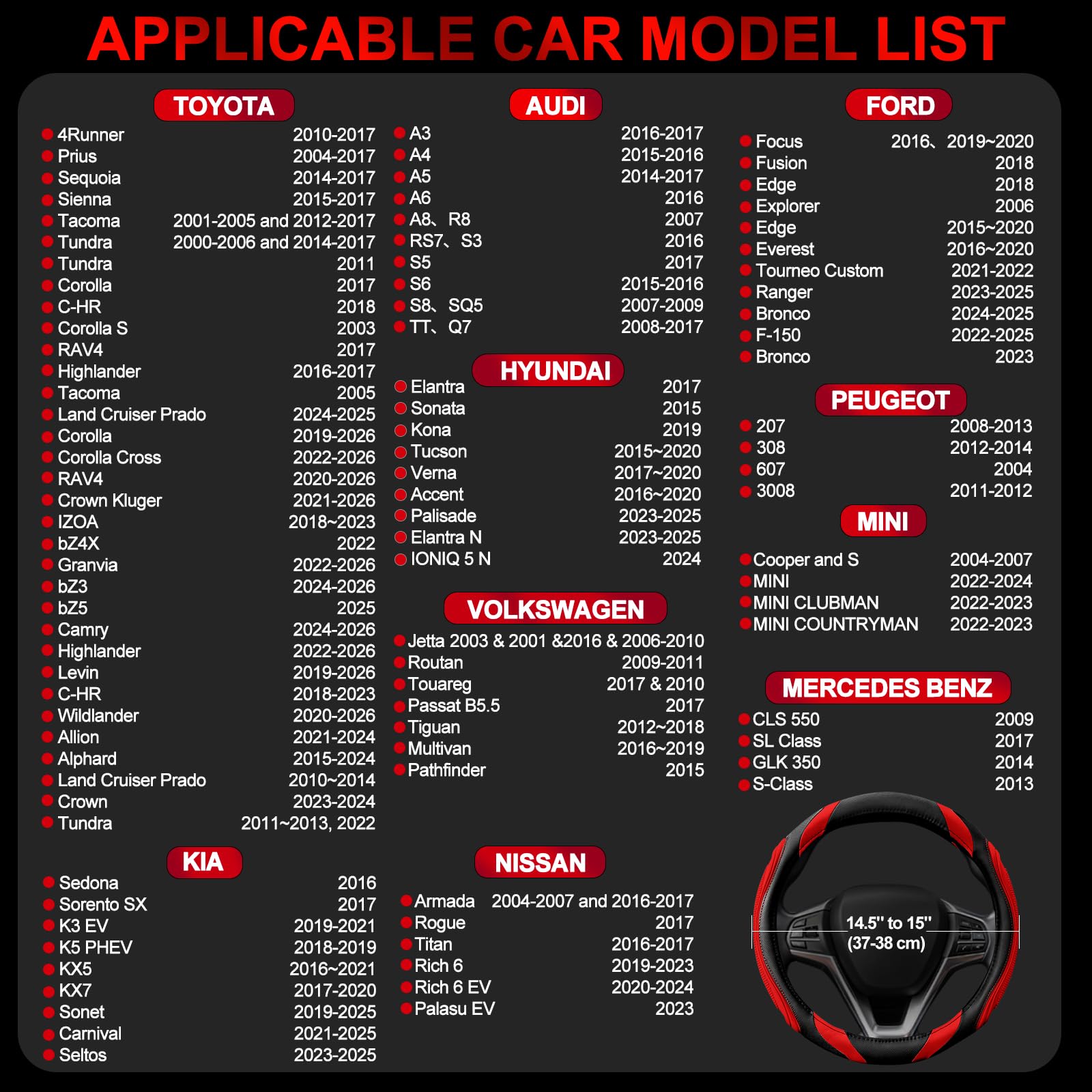 Couvre Volant en Cuir pour Voiture - Couvre de Volant Sportage Universal 37-38cm Noir, Couvre Volant Respirante Antiderapante, Rouge