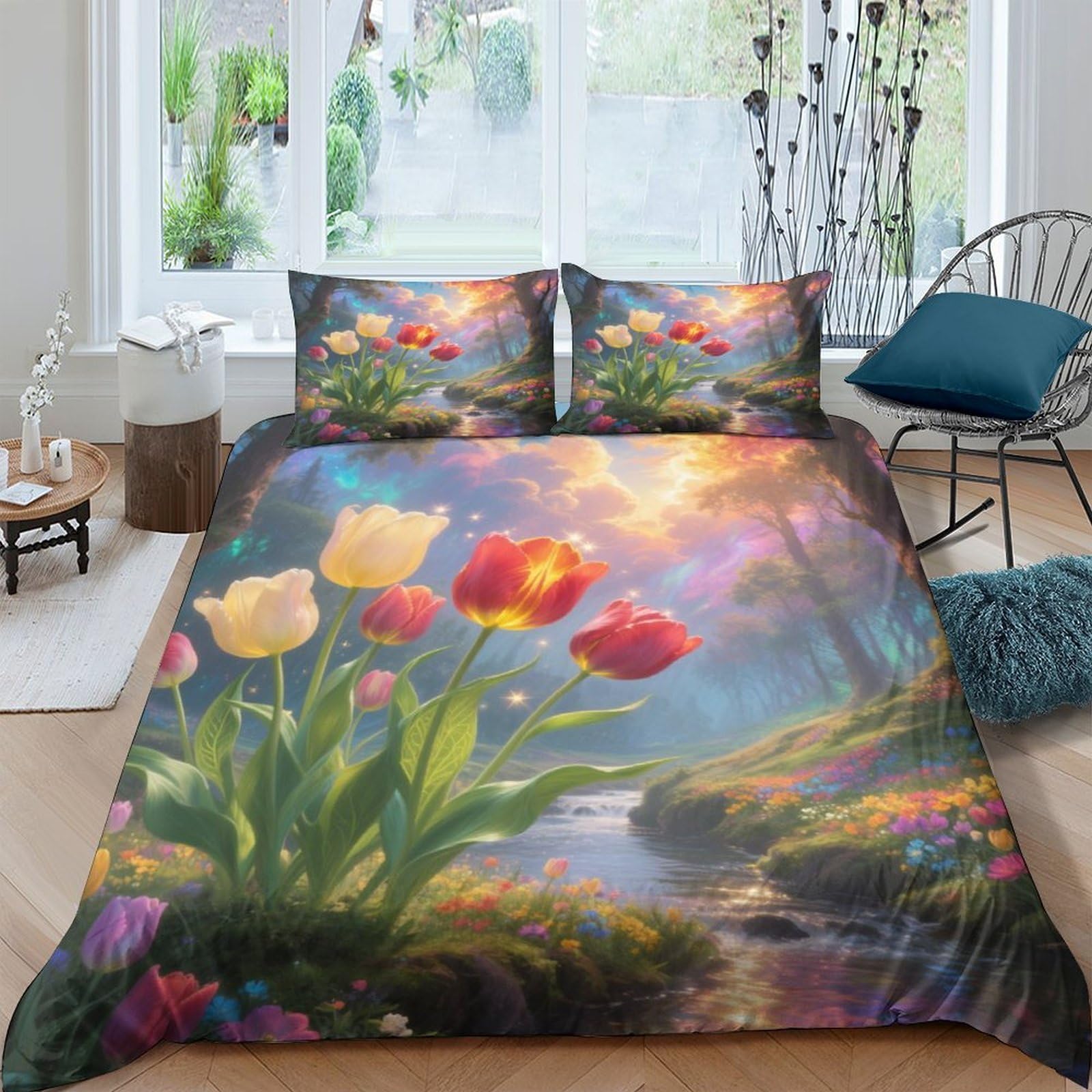 Housse de couette tulipe 3D 200x200cm en microfibre douce avec sa taie d'oreiller