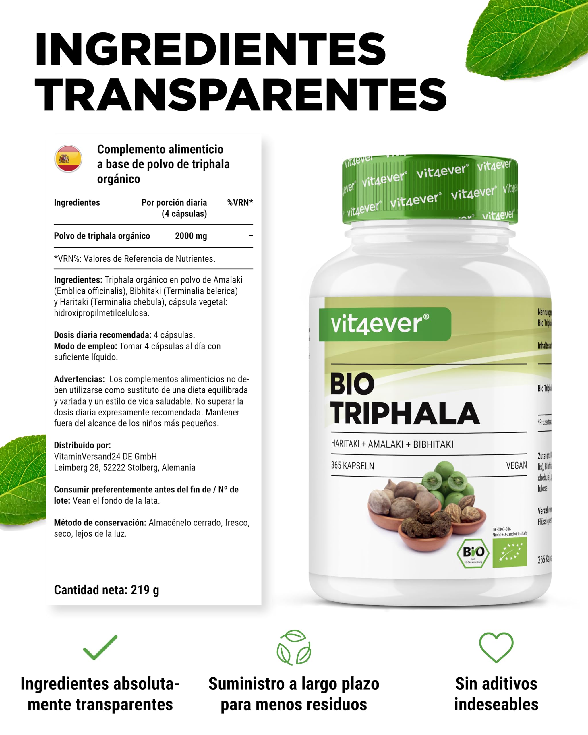 Organic Triphala - Altamente dosificado con 2000 mg (500 mg por cápsula) - 365 cápsulas - Triphala en polvo de la India: Haritaki, Amalaki, Bibhitaki - Sin aditivos - Vegan