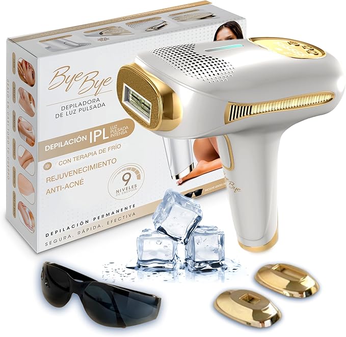 Bye Bye Depiladora IPL Tecnología de Luz Pulsada - 9 Niveles de Intensidad + Modo Frío - 3 Funciones: Depilación, Antiacné y Rejuvenecimiento - 2 Cabezales + Gafas Protección - Ligero, agarre fácil