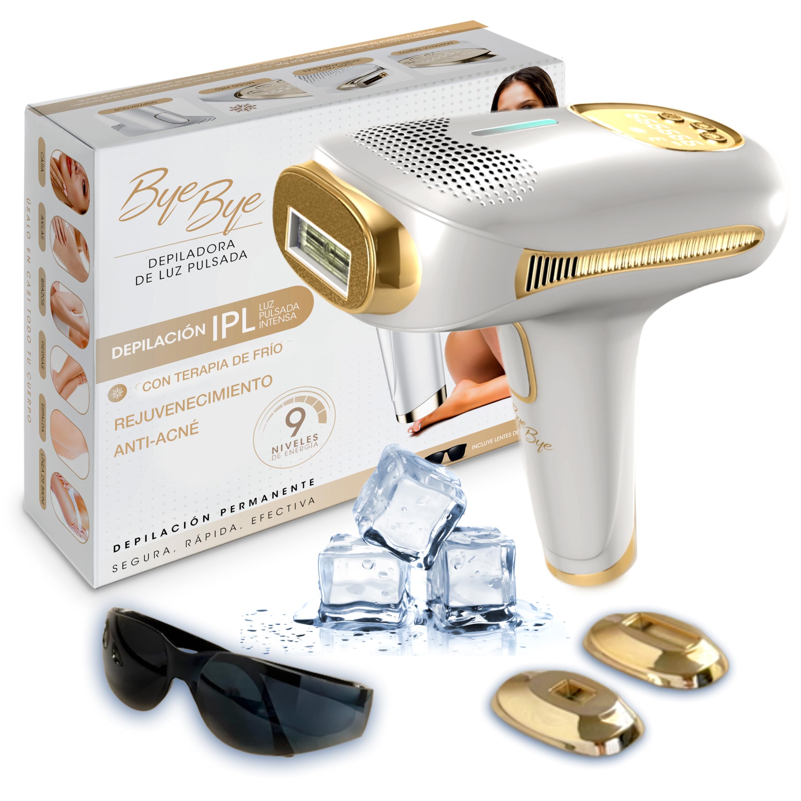 Bye Bye Depiladora IPL Tecnología de Luz Pulsada - 9 Niveles de Intensidad + Modo Frío - 3 Funciones: Depilación, Antiacné y Rejuvenecimiento - 2 Cabezales + Gafas Protección - Ligero, agarre fácil