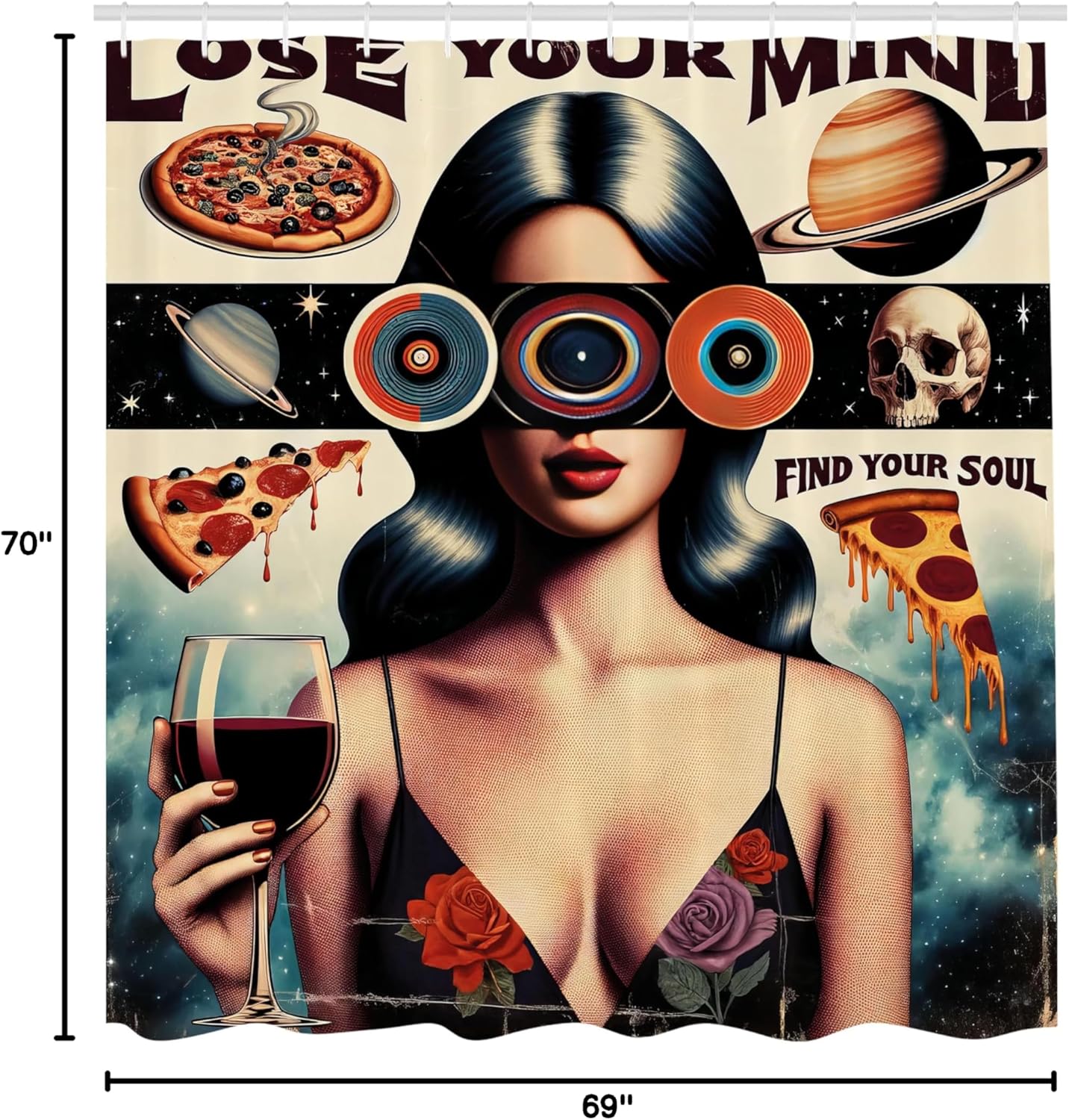 Ambesonne Vintage Shower Curtain, Retrospective Groovy Lose Your Mind Lettering Woman Galaxy Skull Pizza, Cloth Fabric Bathroom Decor Set with Hooks, 69" W x 70" L, Tan Eggshell Multicolor