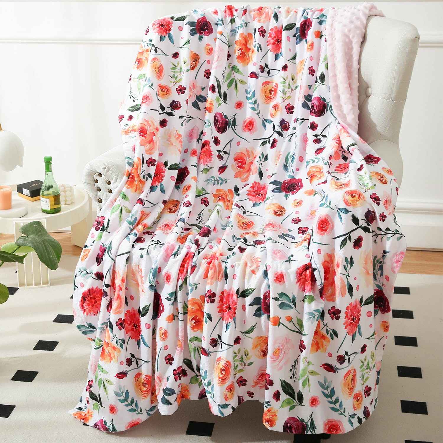 BORITAR Baby Blanket for Girls Super Soft Double Layer Minky with Dotted Backing, Receiving Blanket with Elegant Floral Multicolor Printed Blanket 50 x 60 Inch(125x150cm)