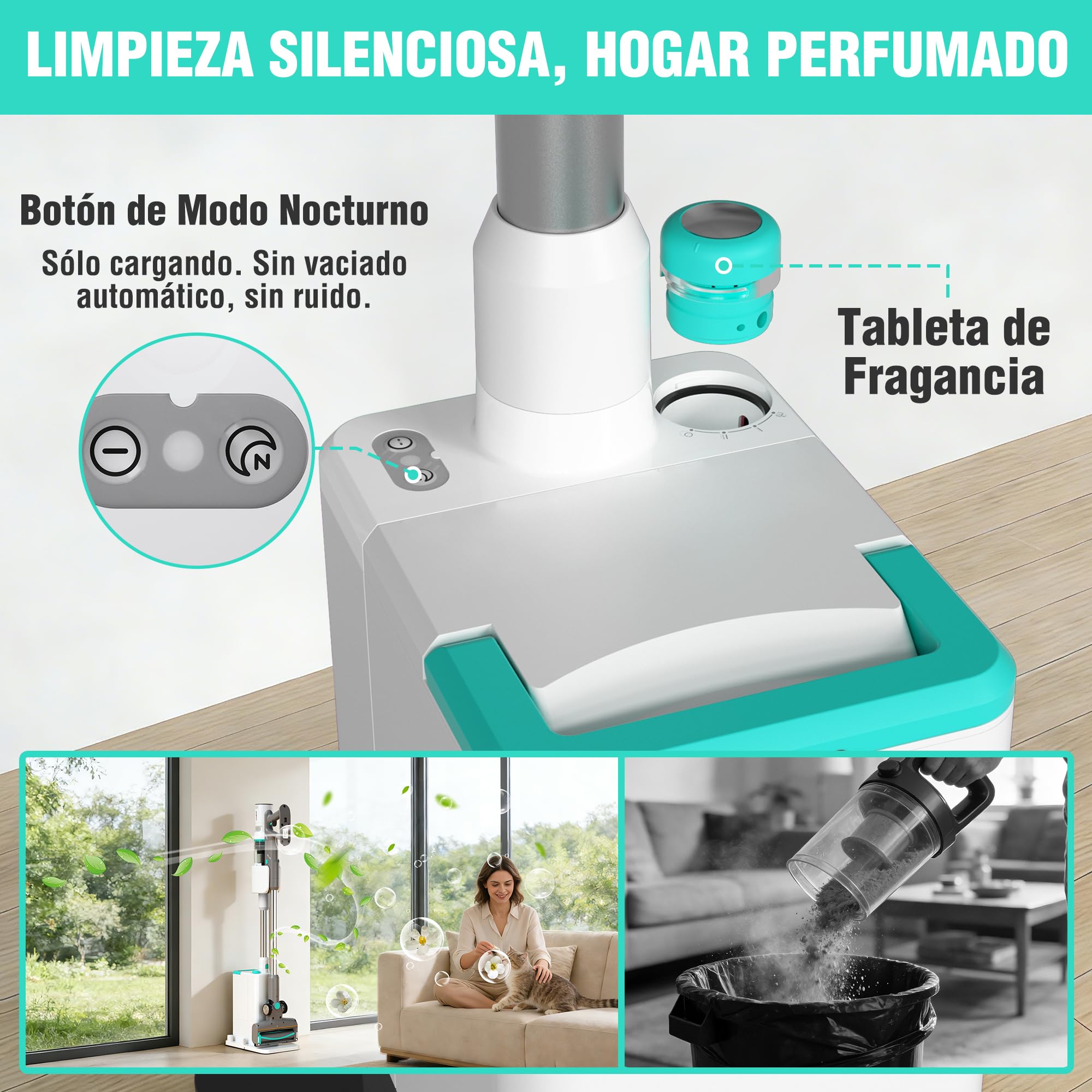 HAUSHOF Aspiradora Escoba sin Cable con Base de Autovaciado | Aspirador Vertical 3 en 1 de 24kPa y 250W con Cepillo en V, Luz LED Verde, Fragancia y Modo Nocturno para Pelo de Mascotas