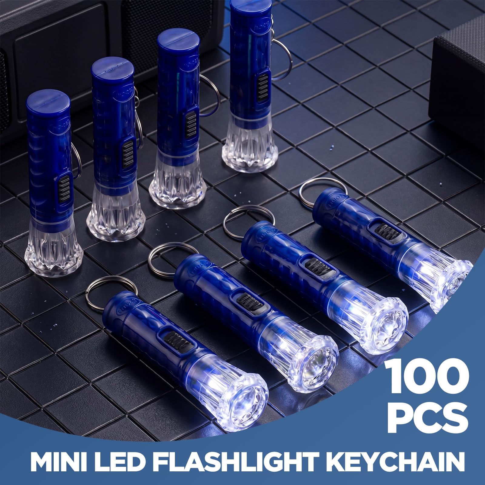Jexine Mini-Taschenlampen-Schlüsselanhänger, Taschenlampe, Schlüsselanhänger, Taschenlampen, LED, kleiner Schlüsselanhänger, Licht, Wandern, Camping, Weihnachten, Party, Gastgeschenke (blau), 100
