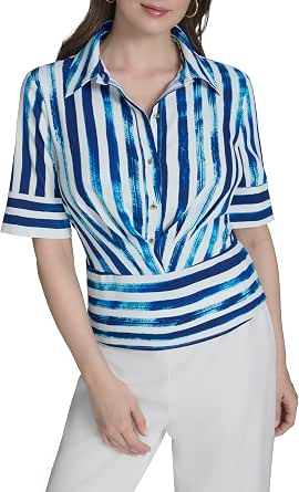H Halston Women's Short Sleeve Collared Button Front Top