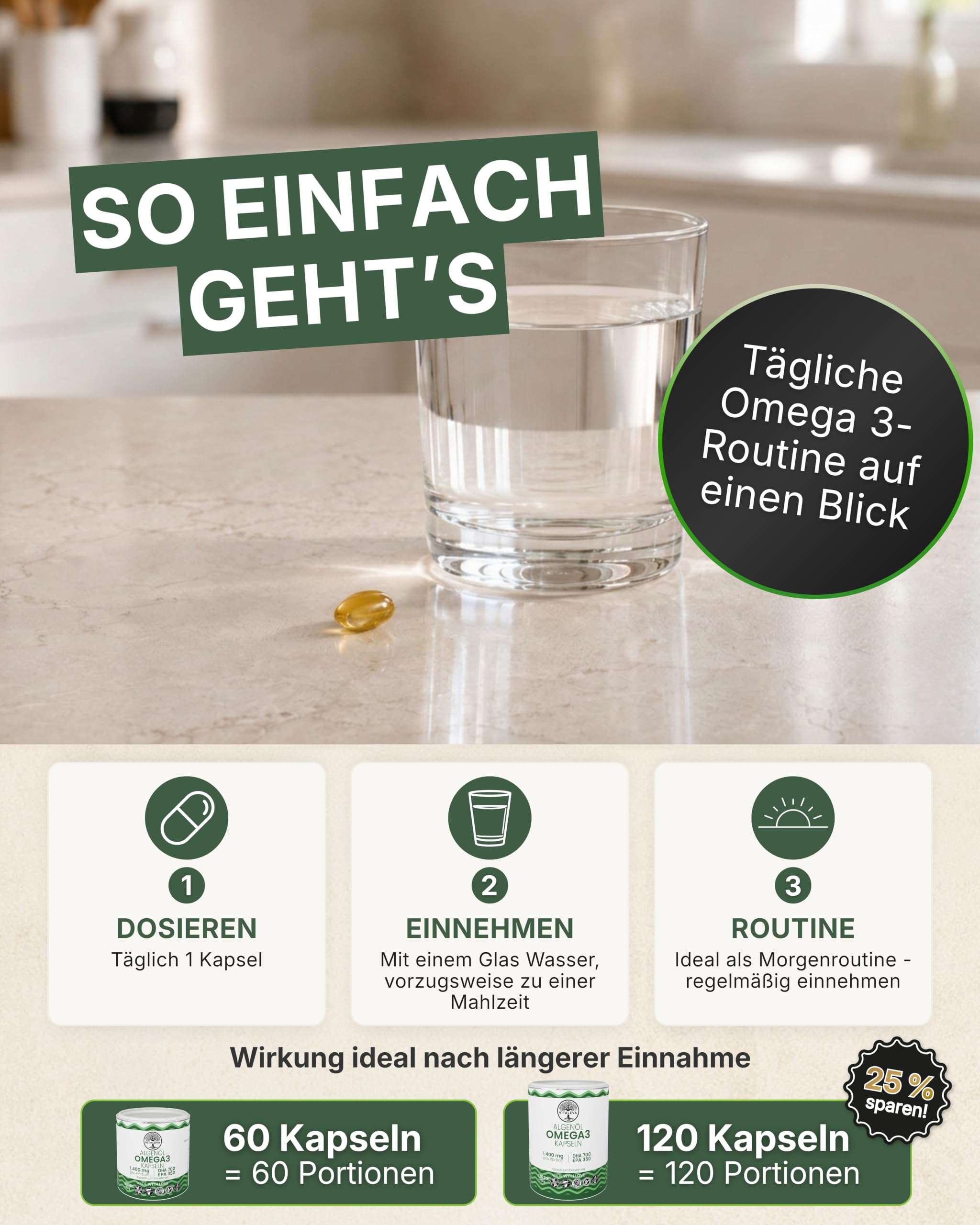 Omega 3 Kapseln aus Algenöl I 120 Kapseln I Hochdosiert mit 1.400 mg pro Portion I Veganes Omega 3 I Reich an DHA & EPA Fettsäuren I Natürliche Nahrungsergänzung für 120 Tage