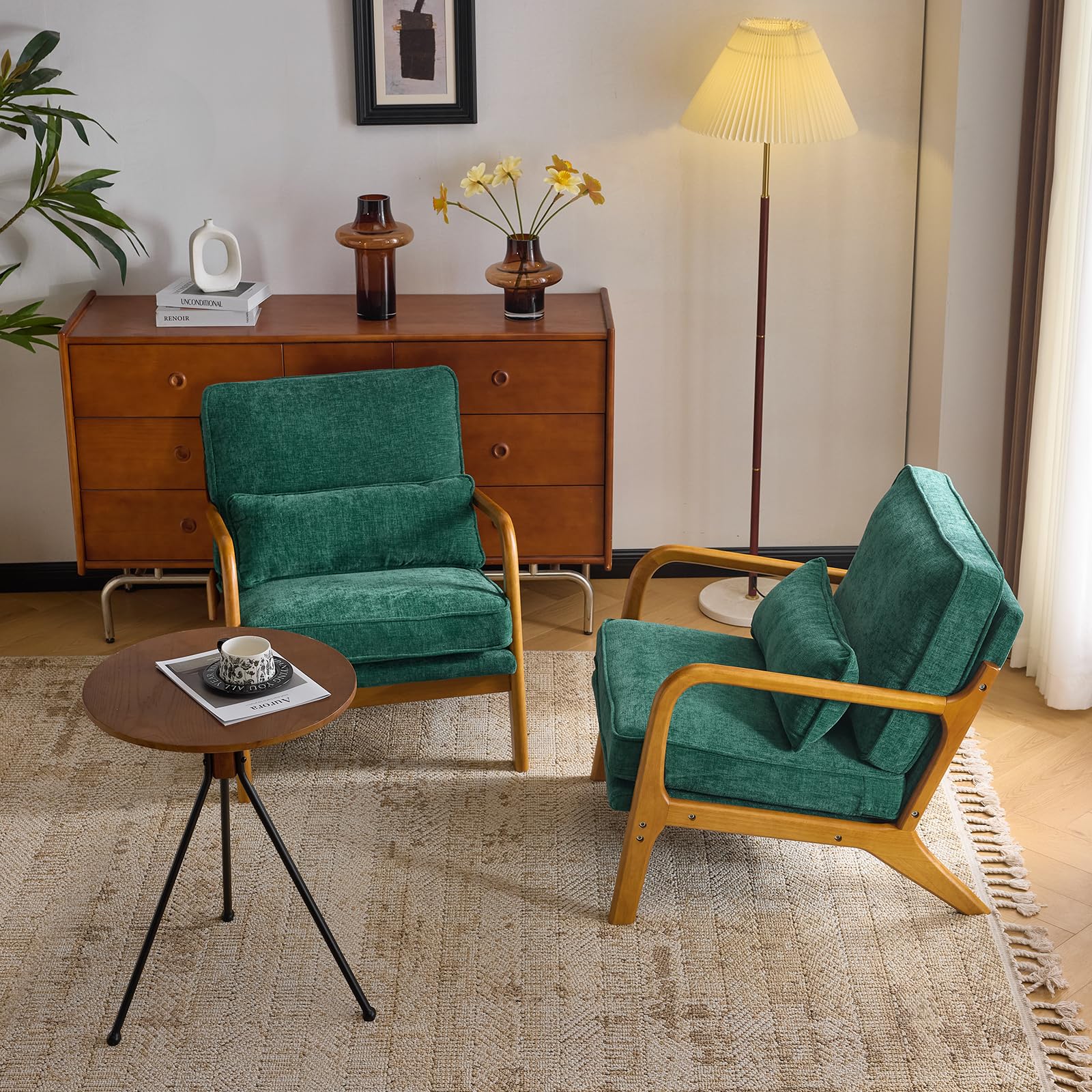 Bonnlo Accent Chair, Soild Wood Padding Lounge Armchairs Set of 2, Occasional Reading Chair with Cushions and Lumbar Pillow, Armchairs for Living Room, Bedroom, Guest Room, Chenille, Dark Green