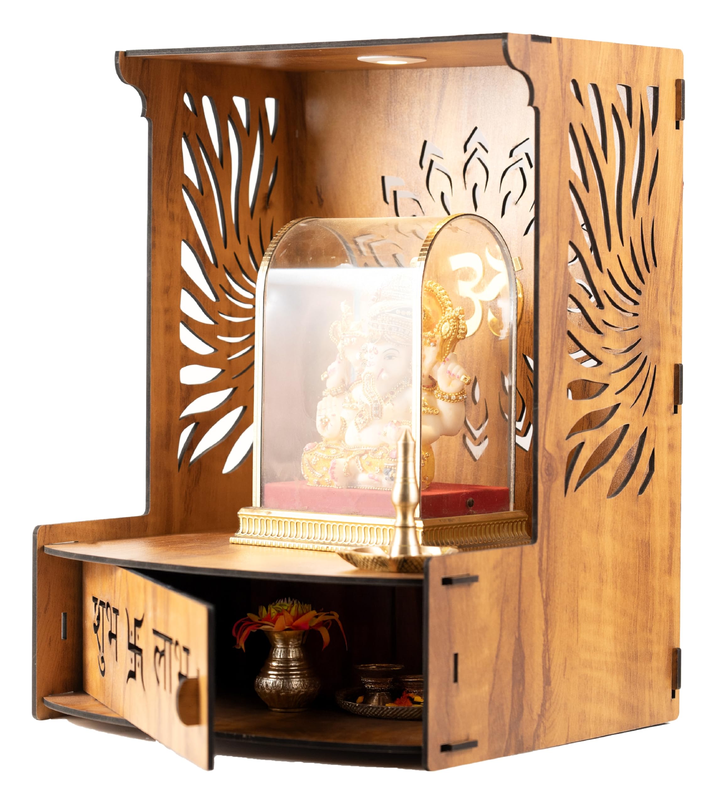 Heartily® Shlok Mooie houten Pooja Mandir voor thuis of Puja Tempelstandaard voor kantoor en winkels met led-spotlicht (H- 18, L- 16, W-8,75 inch Heartily® Shlok Mooie houten Pooja Mandir voor thuis of Puja Tempelstandaard voor kantoor en winkels met led-spotlicht (H- 18, L- 16, W-8,75 inch