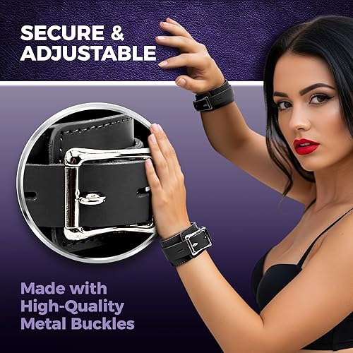 Miniatura 5 de VP Leather Wrist and Ankle Cuffs - 7-Piece Set - Premium Latigo Leather & Soft Lambskin - Couple Sex Toys - BDSM Restraint