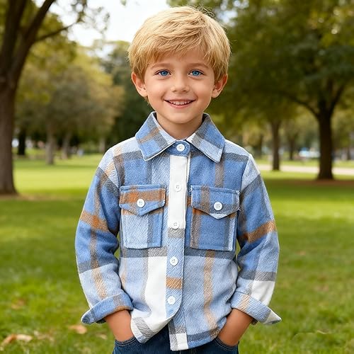 Miniatura 7 de Feidoog Paquete de 2 camisas a cuadros para bebé, niños y niñas, con manga larga, solapa, botones, estilo chaqueta, ropa de uso exterior