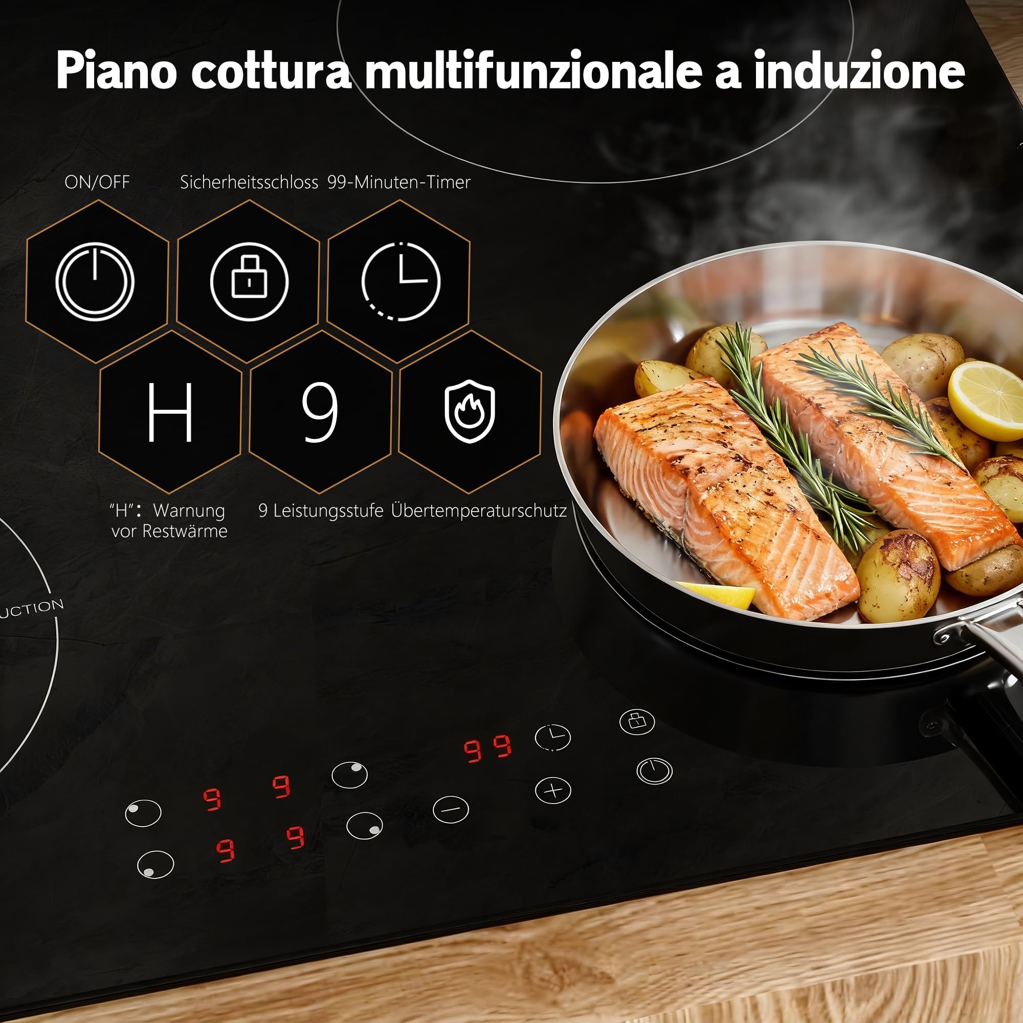 Karinear Piano Cottura Induzione 4 Fuochi, 60cm Piastra Induzione Elettrico 4 Piastre, Piani Cottura con Spina 3500W, 9 Power Comandi Toccare, Blocco di Sicurezza per Bambini, Timer Lock, Vetro, Nero