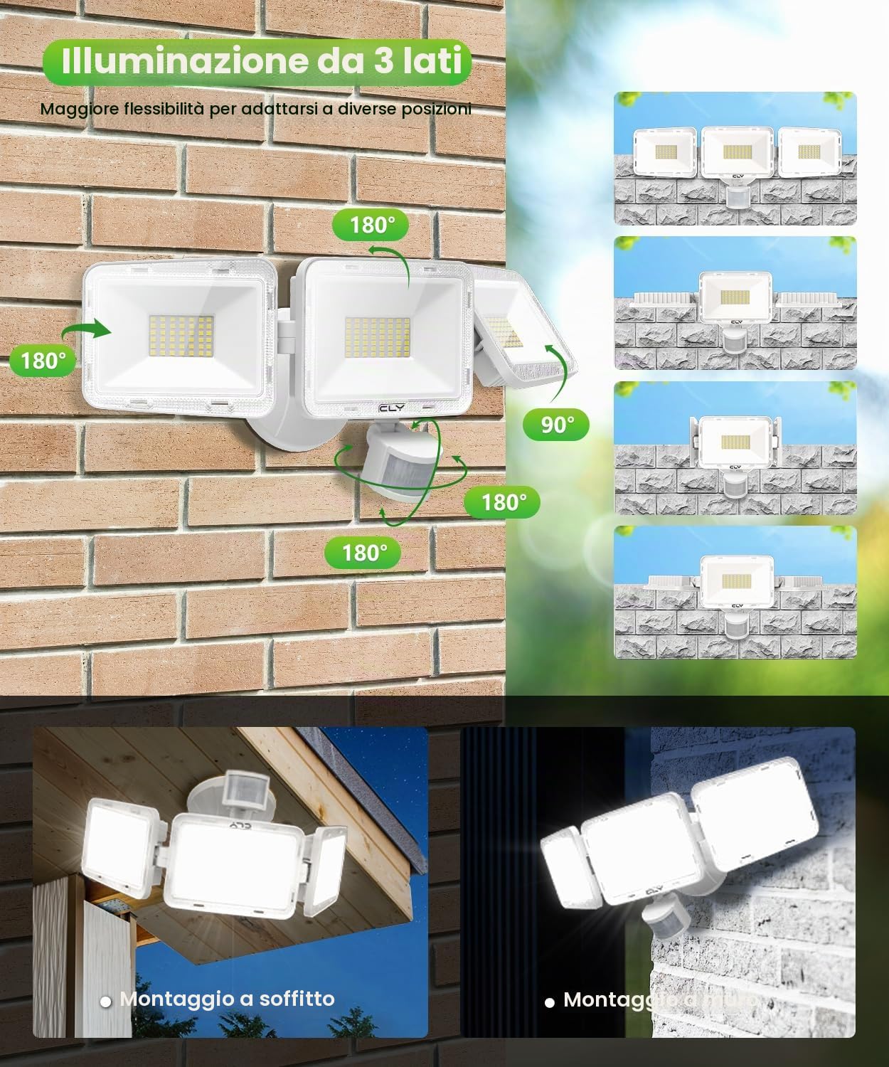 CLY Faretto Led Da Esterno Con Sensore Di Movimento 70W 6580LM 6500K | Faretti Led Da Esterno Con Telecomando 3 Teste Fari LED Esterno Bianca Fredda Faro Led IP66 Impermeabile Per Cortile Garage