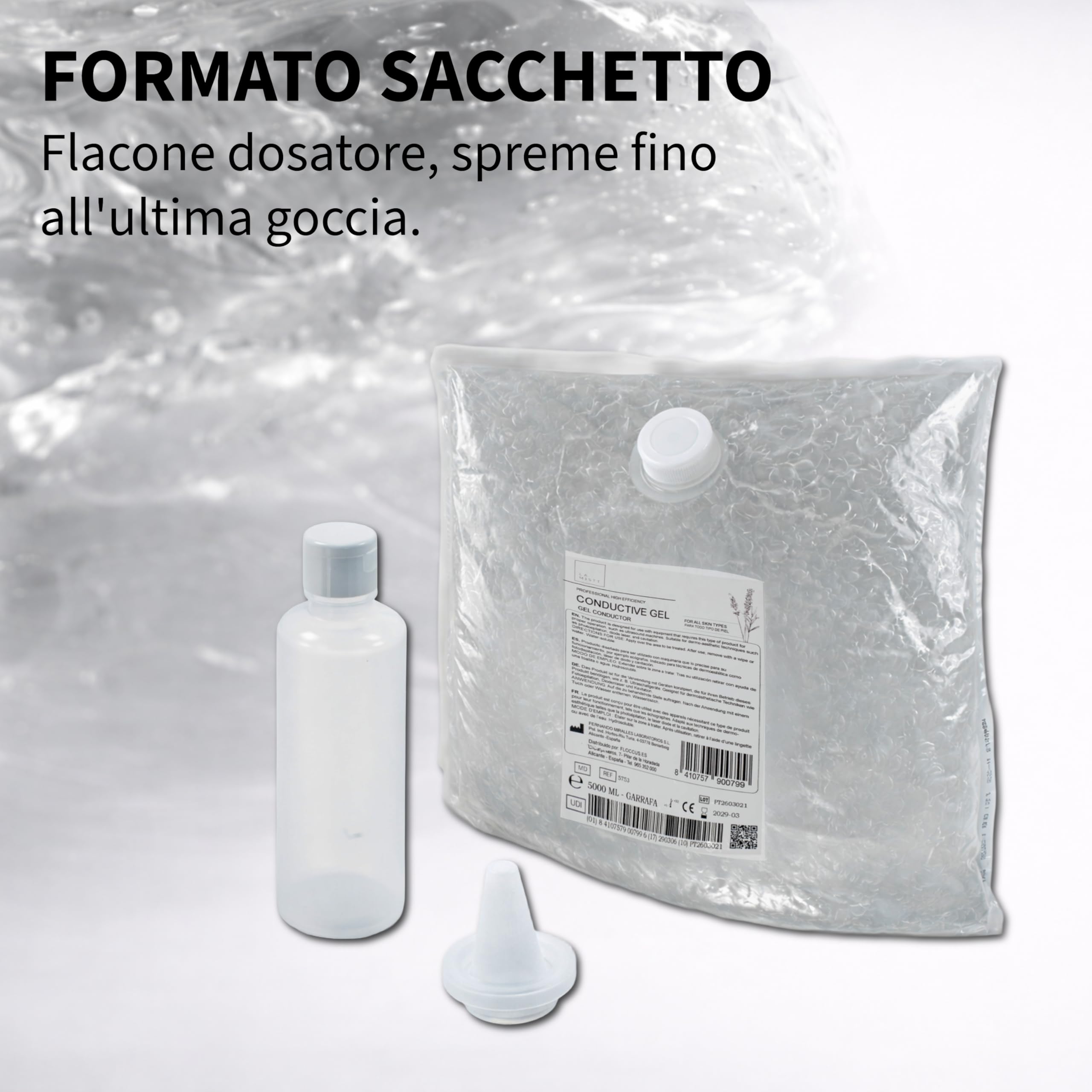 Gel Conduttore Ultrasuoni 10L Busta Ricarica + Flacone 250ml | Gel per Ecografia, Radiofrequenza, Cavitazione, IPL e Laser | Alta Conducibilità | Uso Professionale