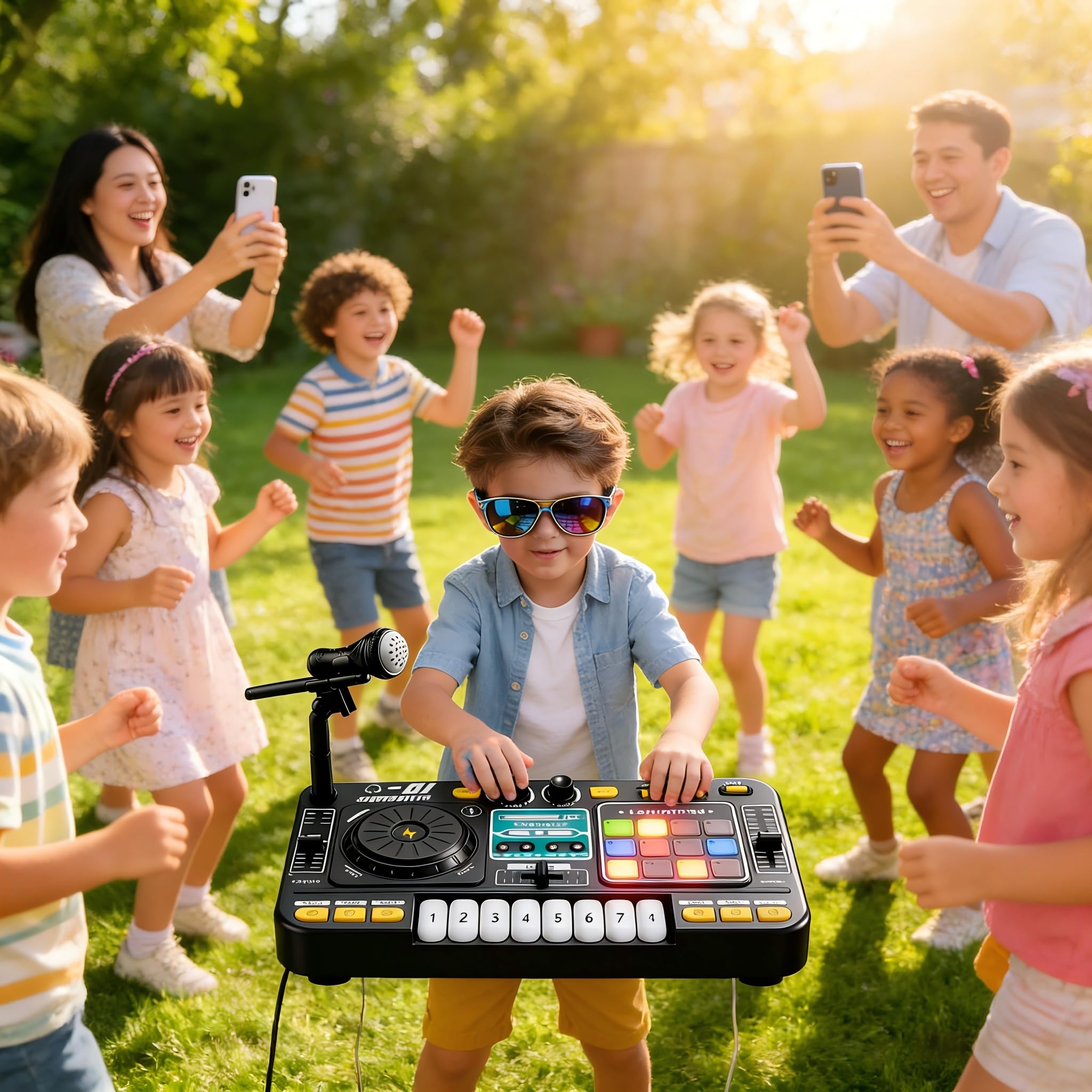 DJ mixer bambini 3-10 anni, controller DJ con microfono e luci LED, 100+ effetti sonori, tastiera piano, batteria, giocattolo regalo per principianti DJ ragazzi ragazze
