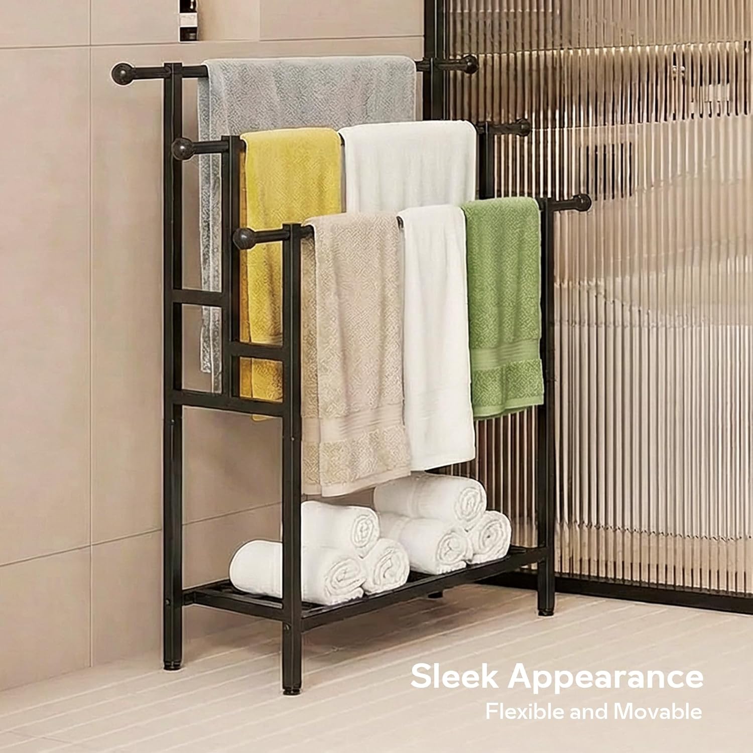 3 Tier Alloy Steel Towel Rack, 35" H Free Standing with Basket, Blanket Drying and Display for Oversized Bath Towels, Bathroom Accessories
