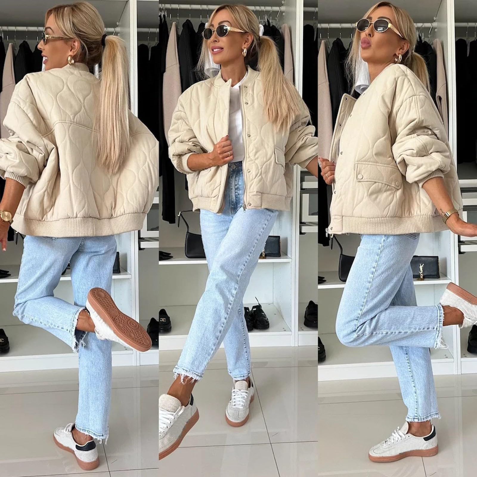Sweatshirt Damen Ohne Kapuze Oversized Sweatjacke übergangsjacke Jacken Lässig Langarm Mantel Elegant Stehkragen Pufferjacken Winterjacke Warm Bomberjacke Knöpfen Winterparka Einfarbige