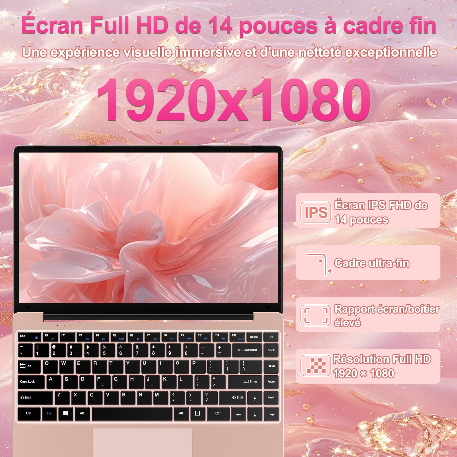 bvate Ordinateur Portable 14" 256 Go Win 11 N4020 Support Expansion 1 to SSD 1080P 2.4G+5G WiFi Mini HDMI & Souris sans Fil et Un Film de Clavier AZERTY pour Clavier - Or Rose