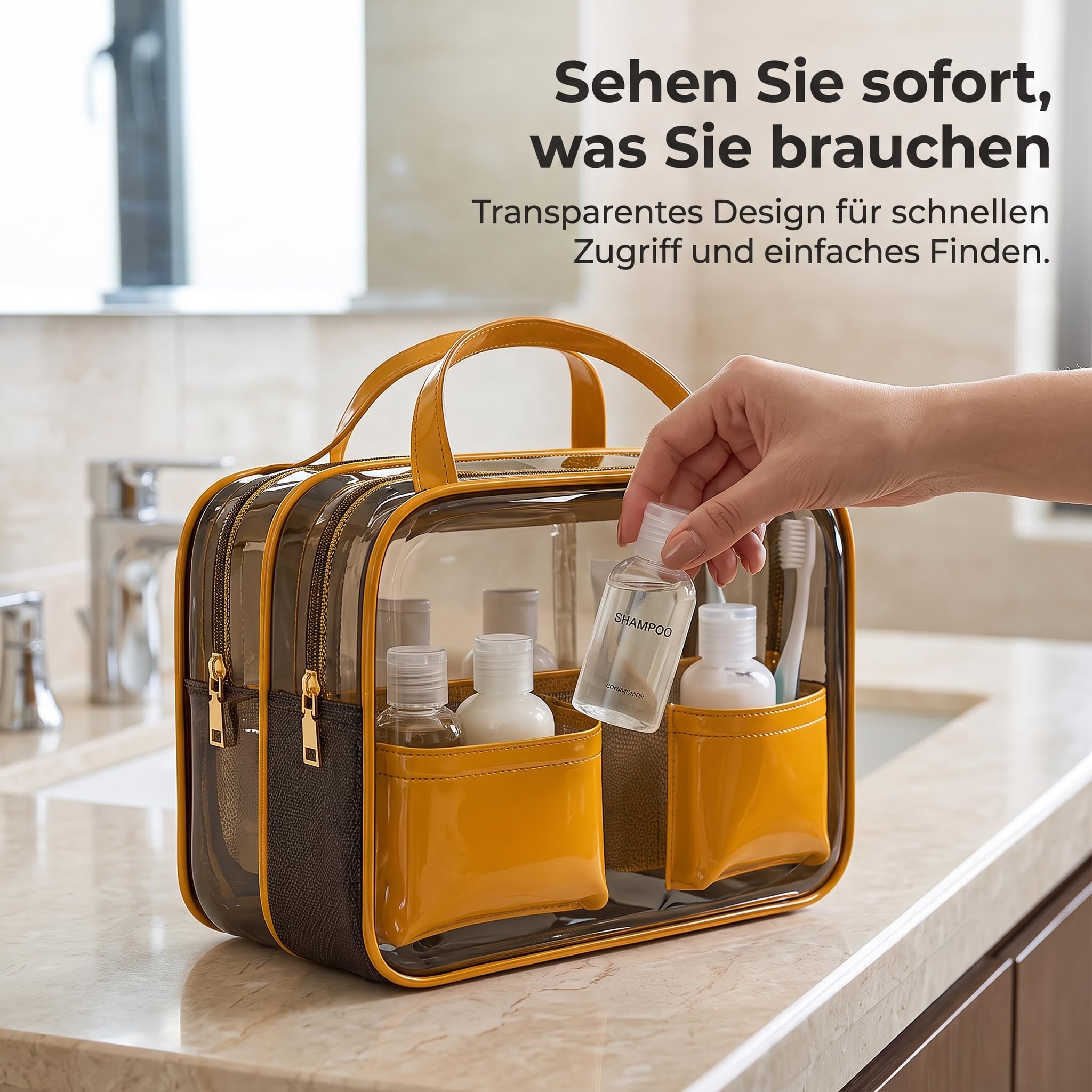Transparente Toilettentasche mit Nassfach – wasserdichte Waschtasche für und Kosmetik, Bernsteinorange, Orange