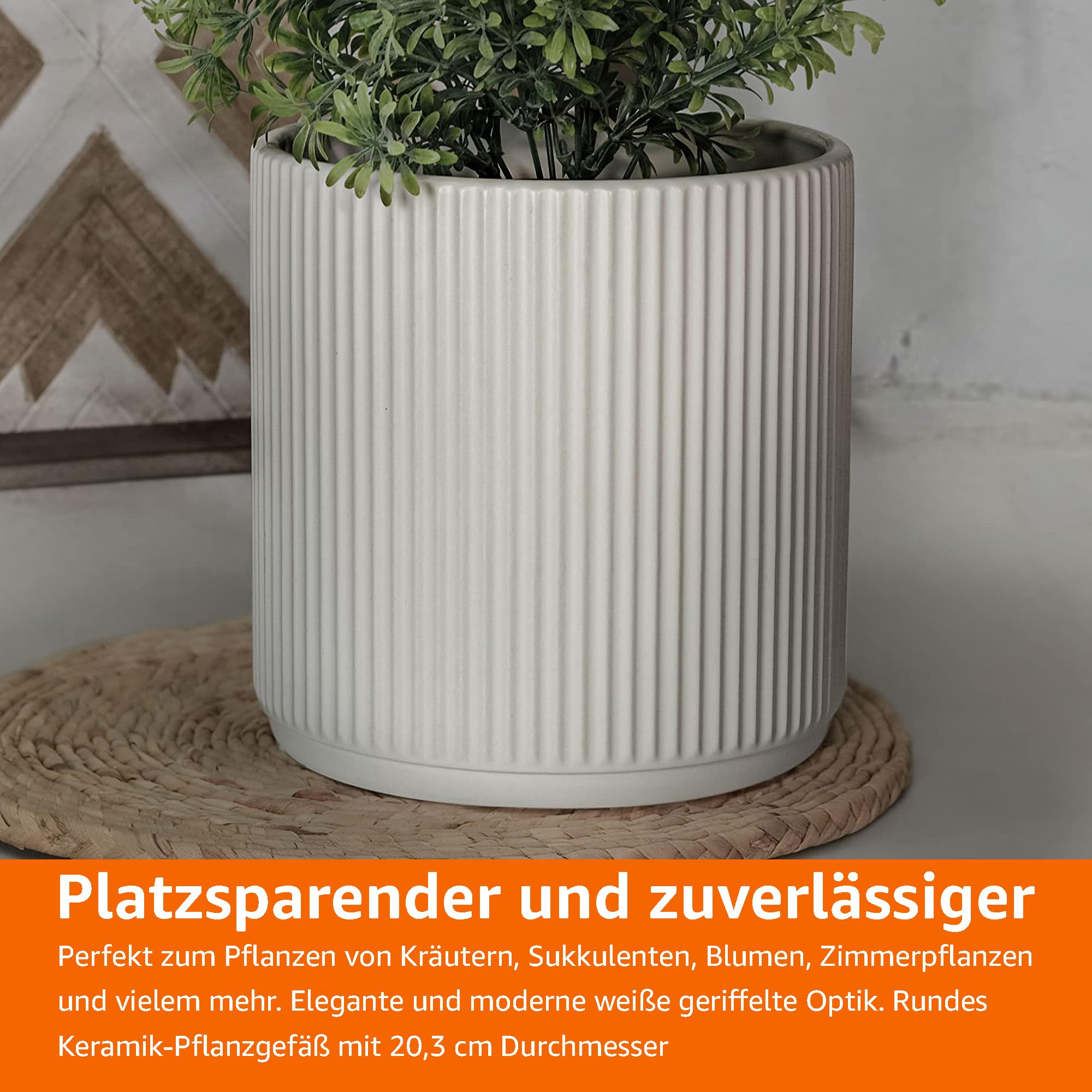 Amazon Basics Rund, Geriffeltes Keramik-Pflanzgefäß, 20.3 cm, Weiß – Ansicht 6