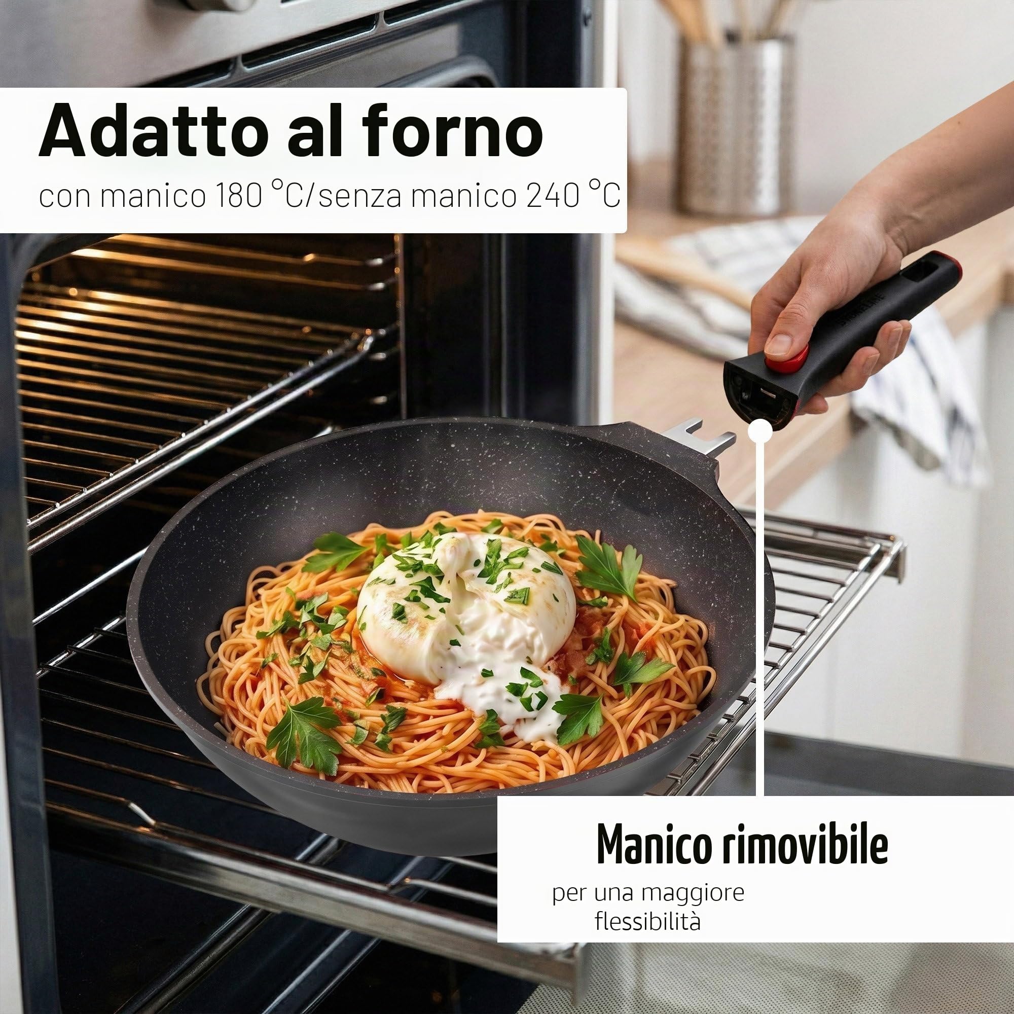 STONELINE SMART Padella Wok 30 cm, 4,8 L Padella Induzione Grande con Coperchio, Manico Removibile, Alluminio Pressofuso, Tutti Piani Cottura, Antiaderente con Vere Particelle di Pietra, Grigio