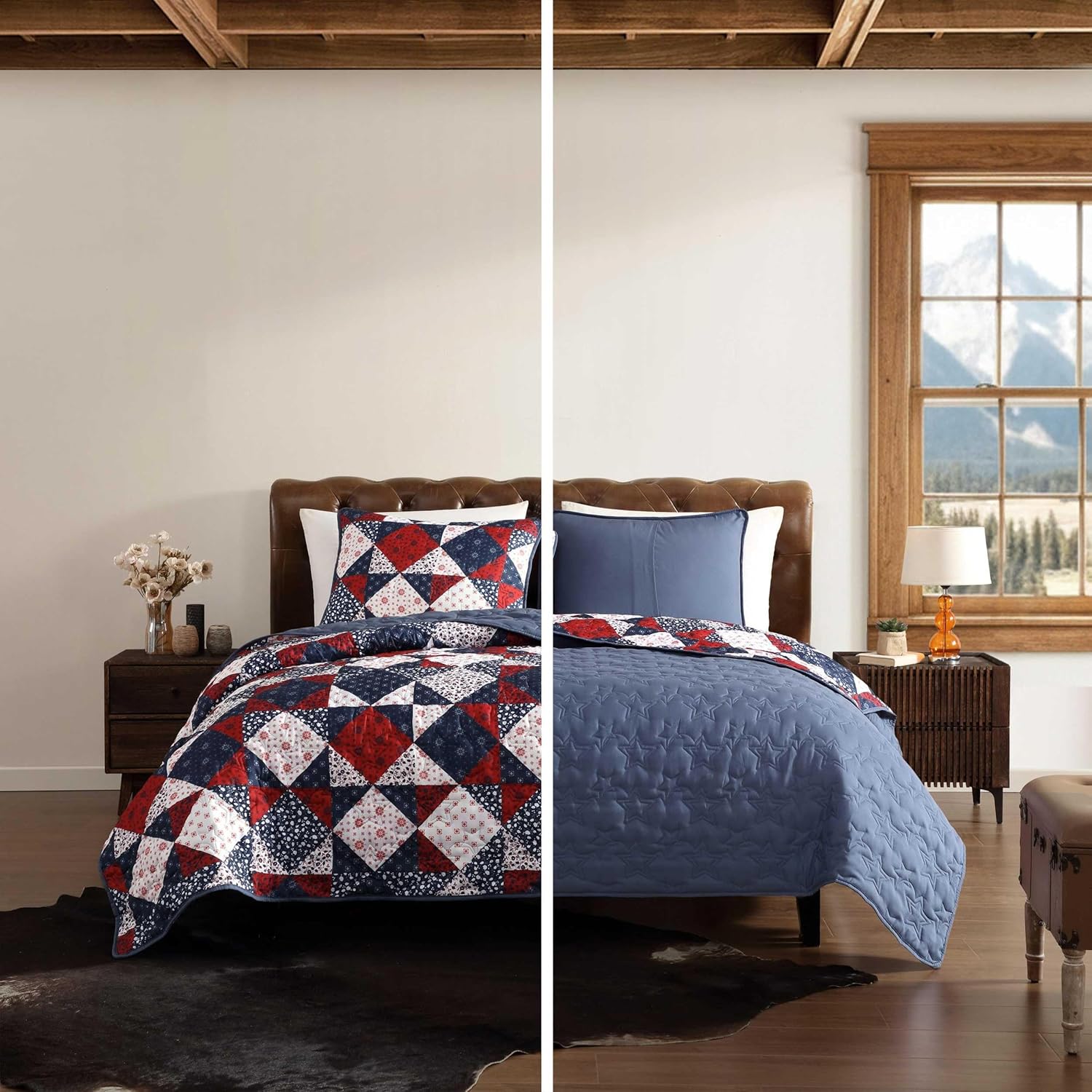 Wrangler – Queen Quilt Set, Soft Microfiber Bedding with Reversible Patchwork to Solid Design, Lightweight All-Season Quilt with Matching Shams, Americana Decor (Western Patchwork Blue)