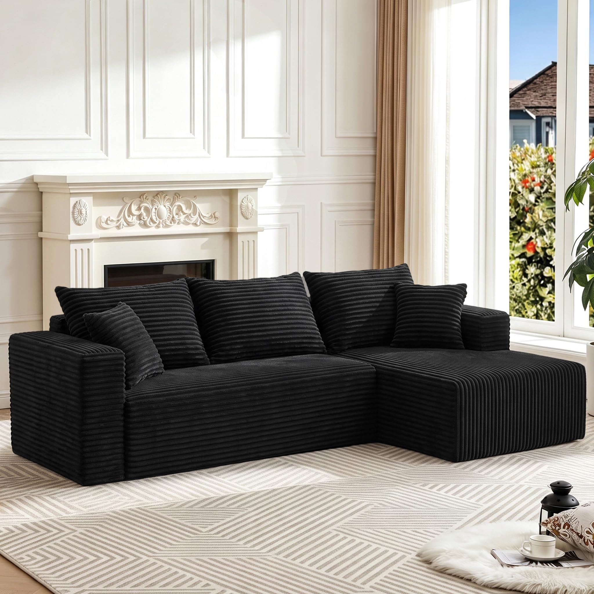 93" Boneless Couch, Modular Sectional Sofa for Living Room, Black