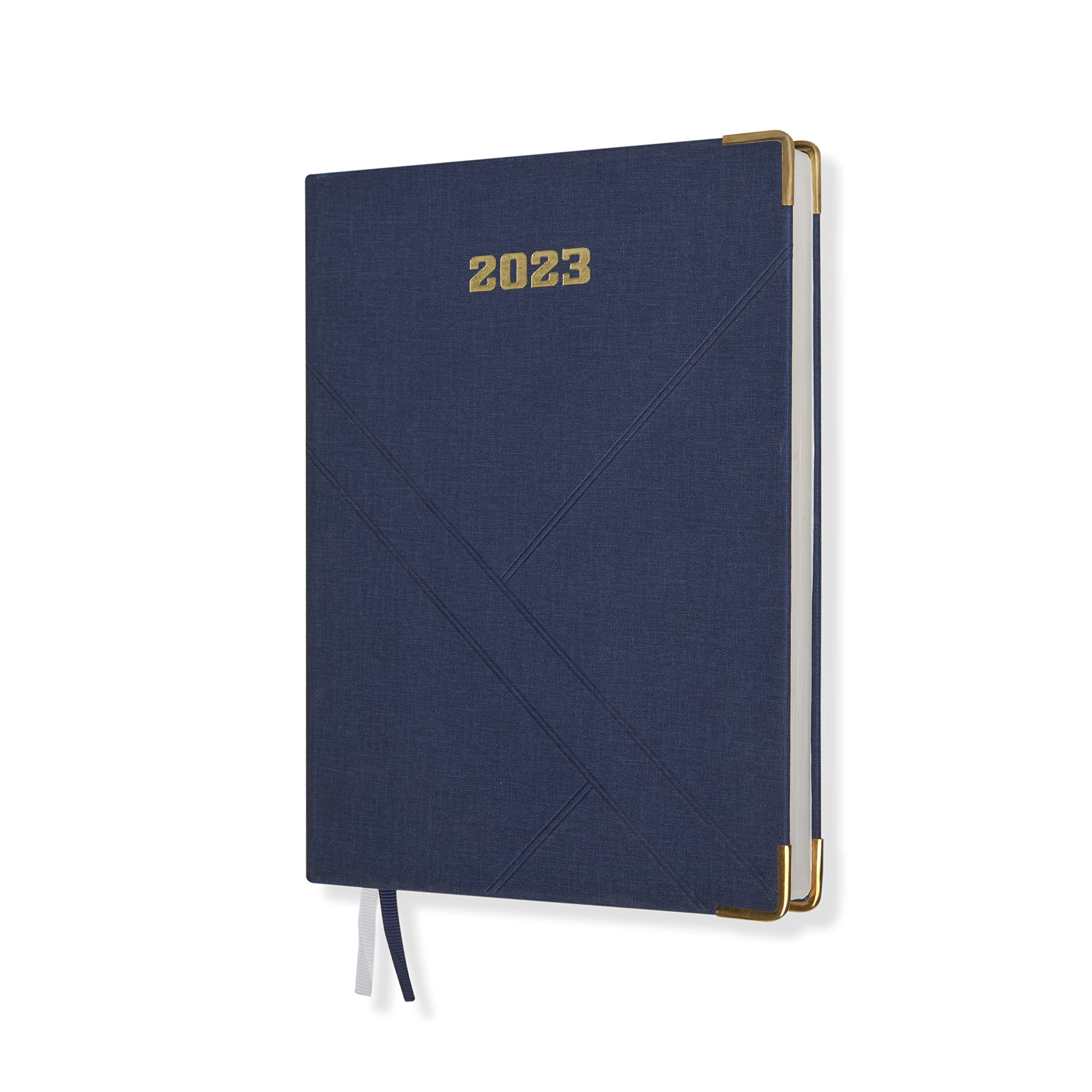 DOODLE 2023 Dated Executive Diary Planner | B5 Size | One-Day-to-a-Page New Year Diary with Metal Corner & Two Bookmarks | 360 pages | PU (Faux Leather) Cover Material (Navy Blue)