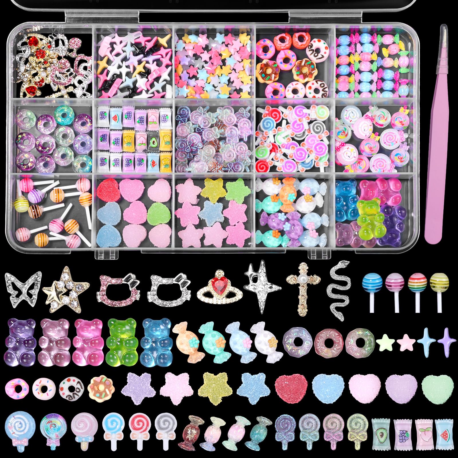 3D Mix Nail Charms Kit, Lollipop Nail Art Charms, Color Cute Gummy Bear Donut Star Heart Acrylic Nail Charm, Alloy Cross Star Butterfly Snake Crown