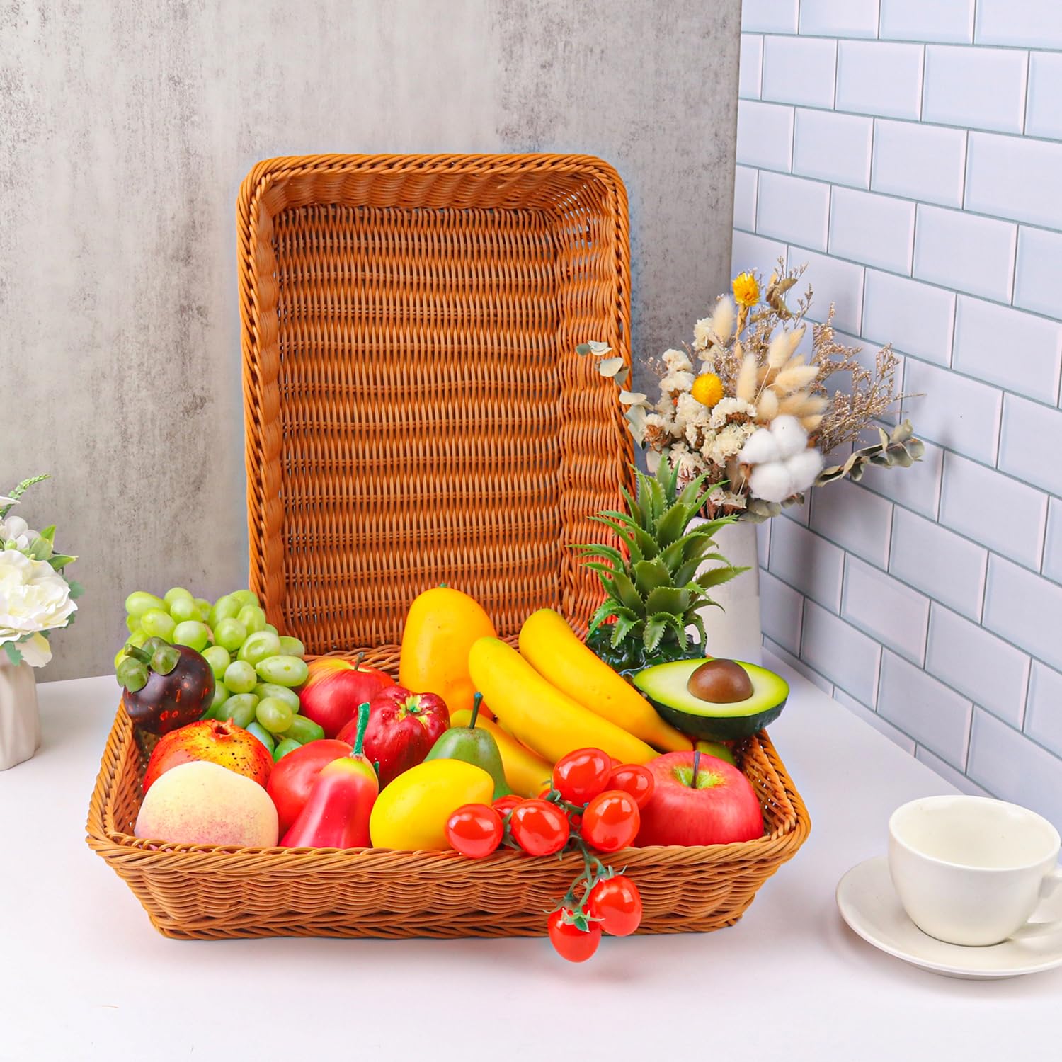5 Pack 16 Inch Brown Wicker Bread Basket, Handmade Woven Organizer, Rectangul - View #7