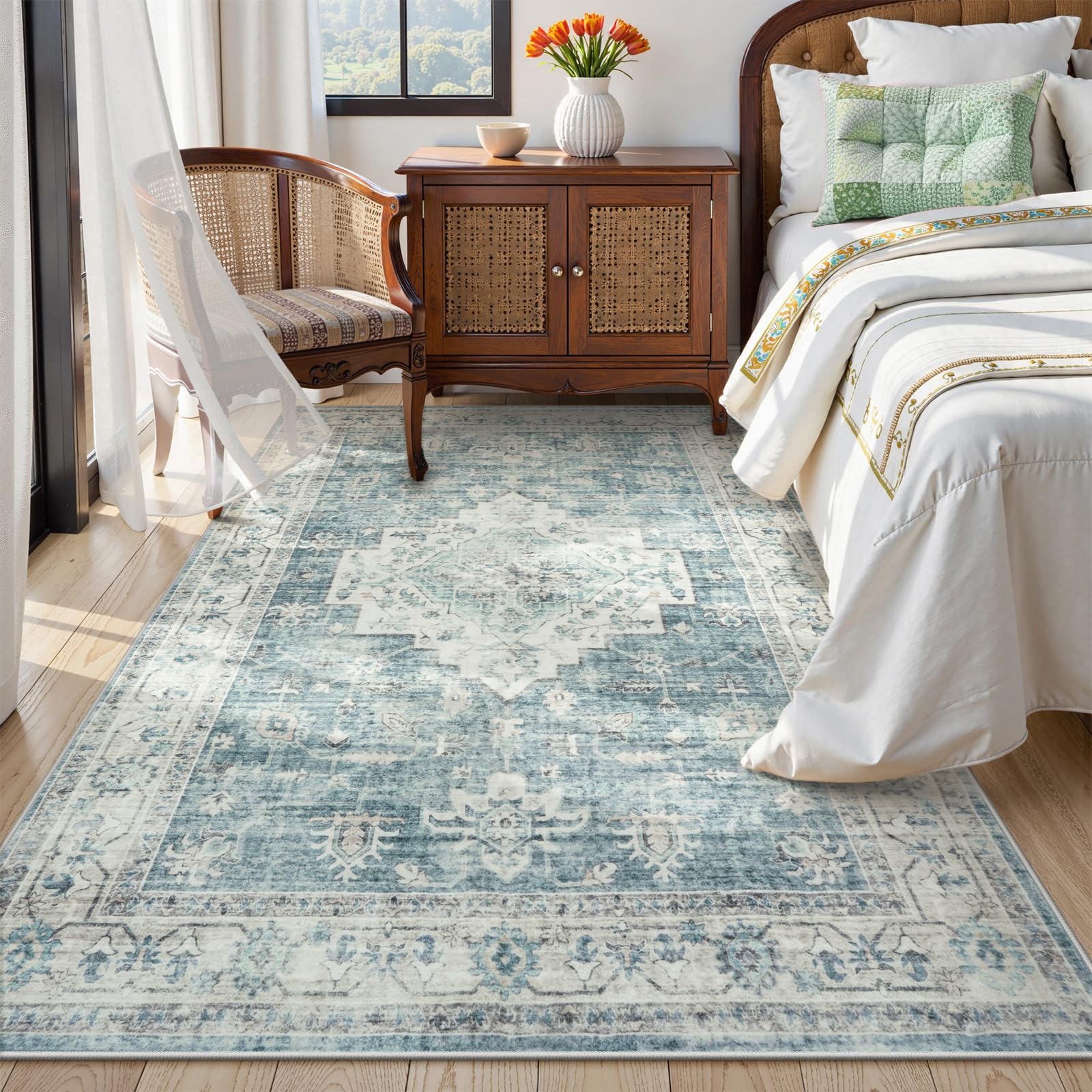 LIVEBOX Bedroom 4x6 Washable Area Rug for Entryway Kitchen, Non-Slip Soft Boho Rugs for Dining Room Office, Farmhouse Low-Pile Neutral Soft Carpet for