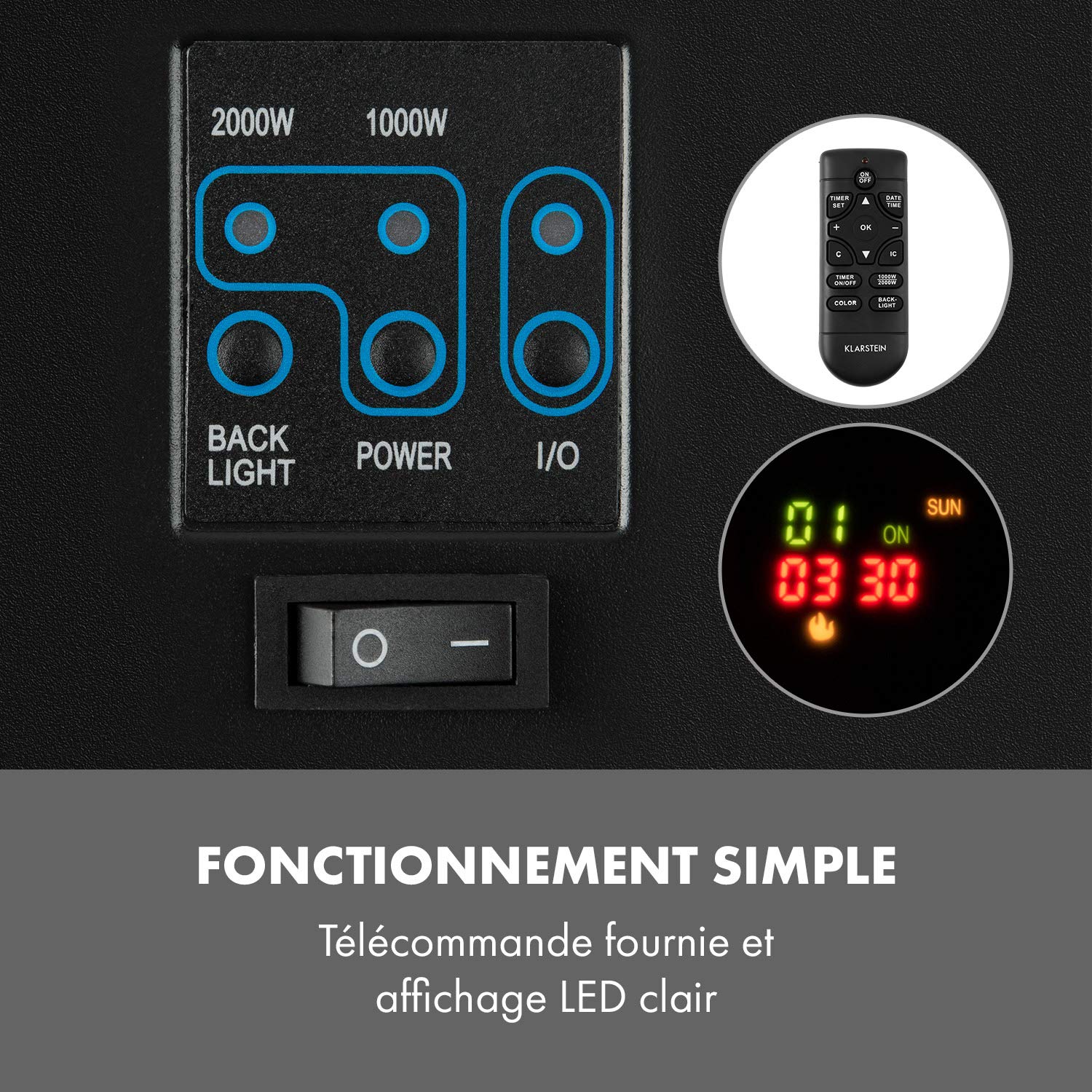 KLARSTEIN Basel Baseline - cheminée électrique soufflante, 2000 W, 2 Vitesses, Simulation de Flamme LED en 7 Couleurs, rétro-éclairage LED, Thermostat, minuterie hebdomadaire, Affichage LED - Noir
