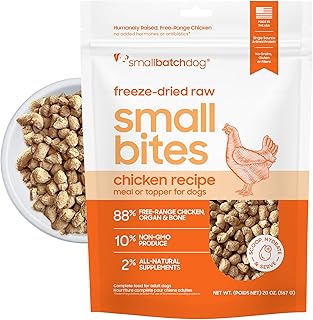 smallbatch Pets Freeze-Dried Raw Dog Food – Chicken Recipe –7 oz Small Bites – High Protein, Grain Free – Complete Meal or Topper – Made in USA with Organic Superfoods(7 Oz, Chicken)