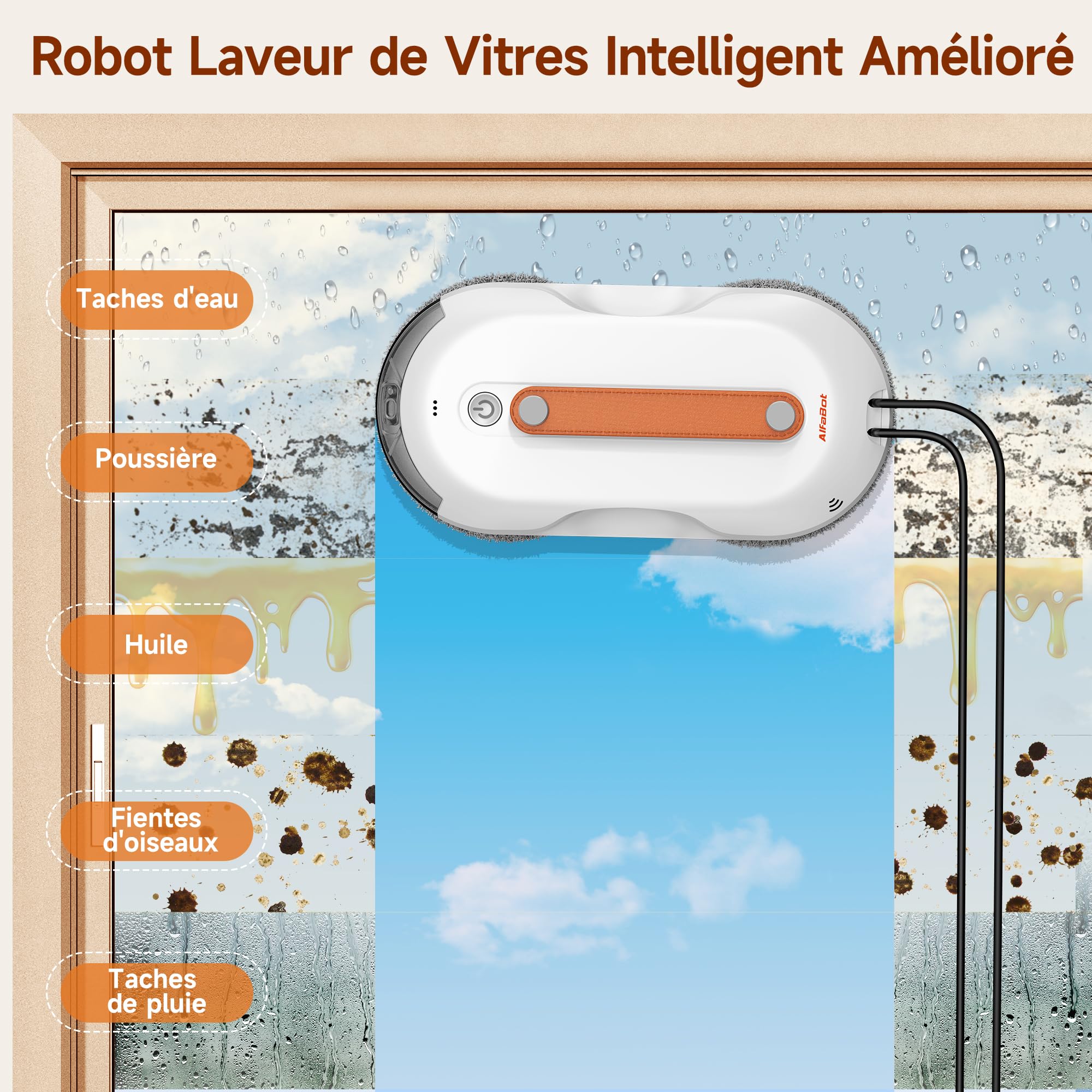 AlfaBot X7 Pro Robot Lave-vitres Intelligent – Nettoyage sans Traces pour vitres, carrelages et Surfaces Lisses • Pulvérisation bilatérale • Grand réservoir