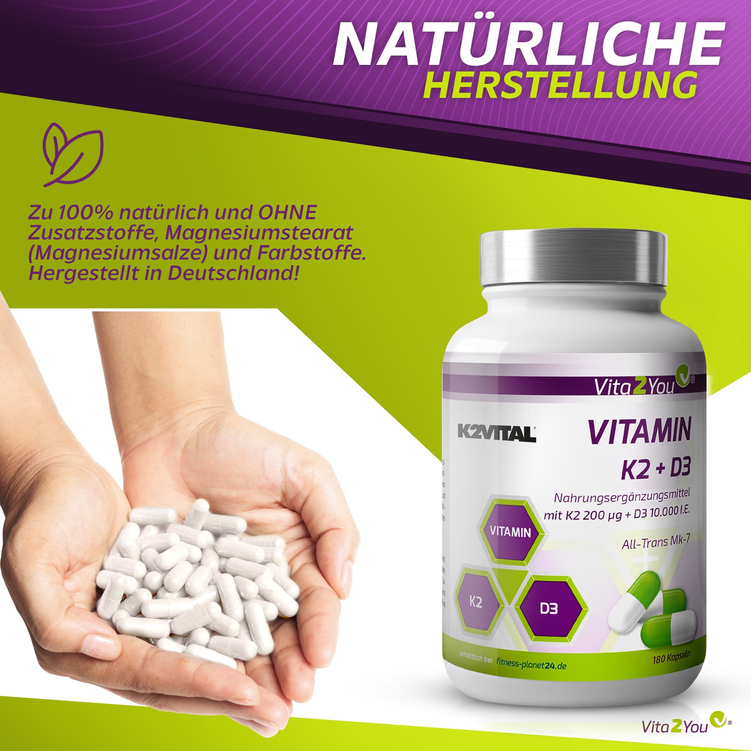 Vita2You Vitamin D3 + K2-180 Kapseln - Vitamin D3 10.000 IE + Vitamin K2 (MK-7) 200µg - Original K2VITAL® von Kappa - Premium Qualität