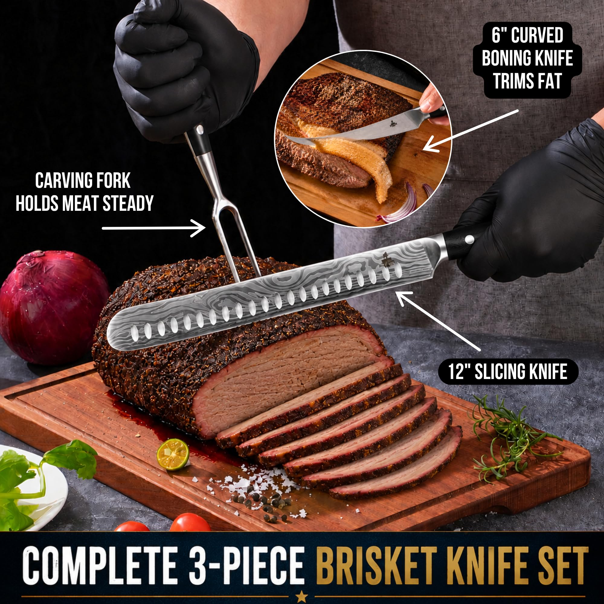Brisket Knife Set for Meat Carving - 12" Slicing Knife + 6" Curved Boning Knife & Carving Fork for Effortless Meat Cutting, Full Tang & Ergonomic - Razor Sharp German Steel, BBQ Grilling Gifts for Men — Amazon image 2