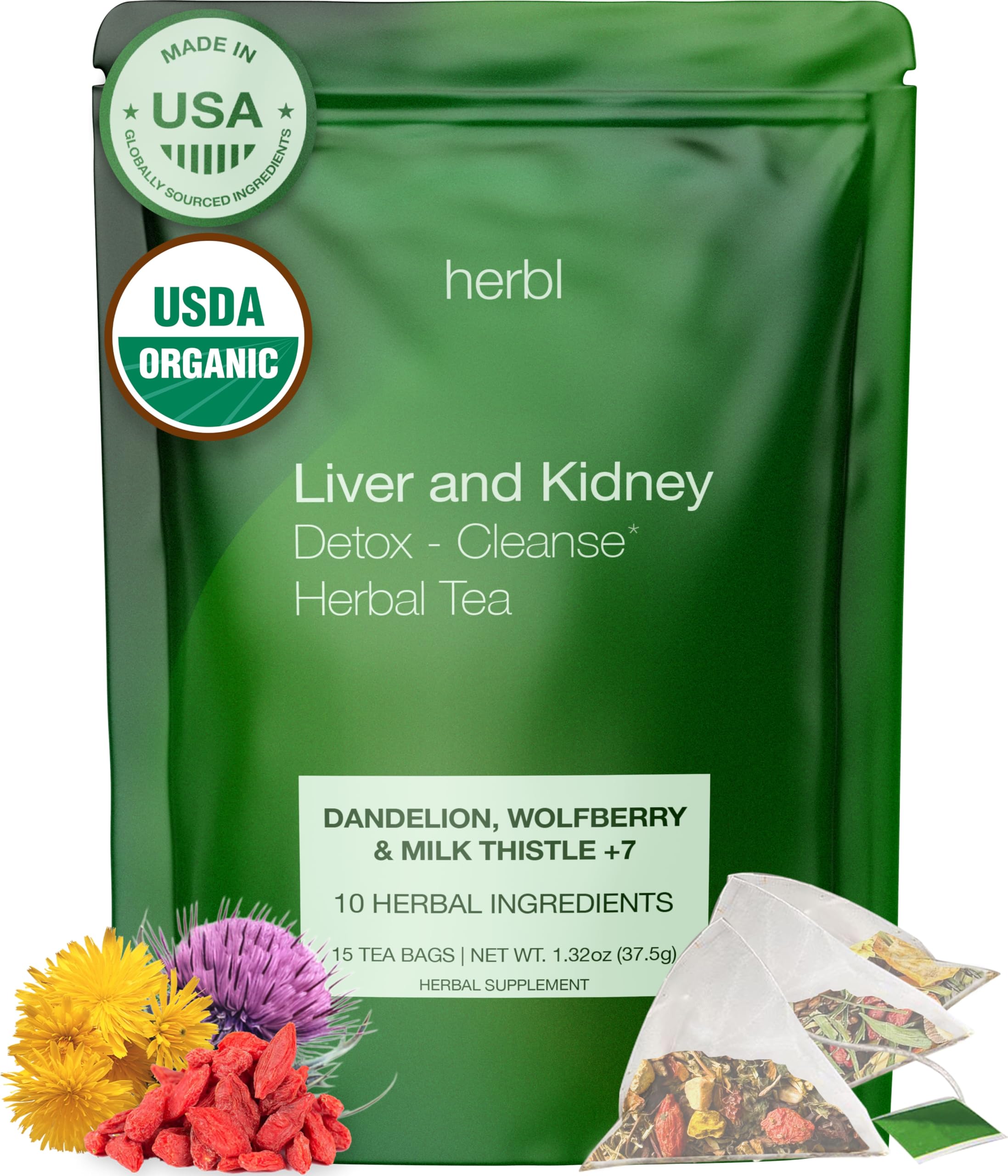 Organic Dandelion Wolfberry Tea - Kidney and Liver Detox Tea - Organic Liver Kidney Cleanse & Detox with Dandelion, Goji Berry, Milk thistle, Turmeric, Hibiscus and extra Herbal Ingredients