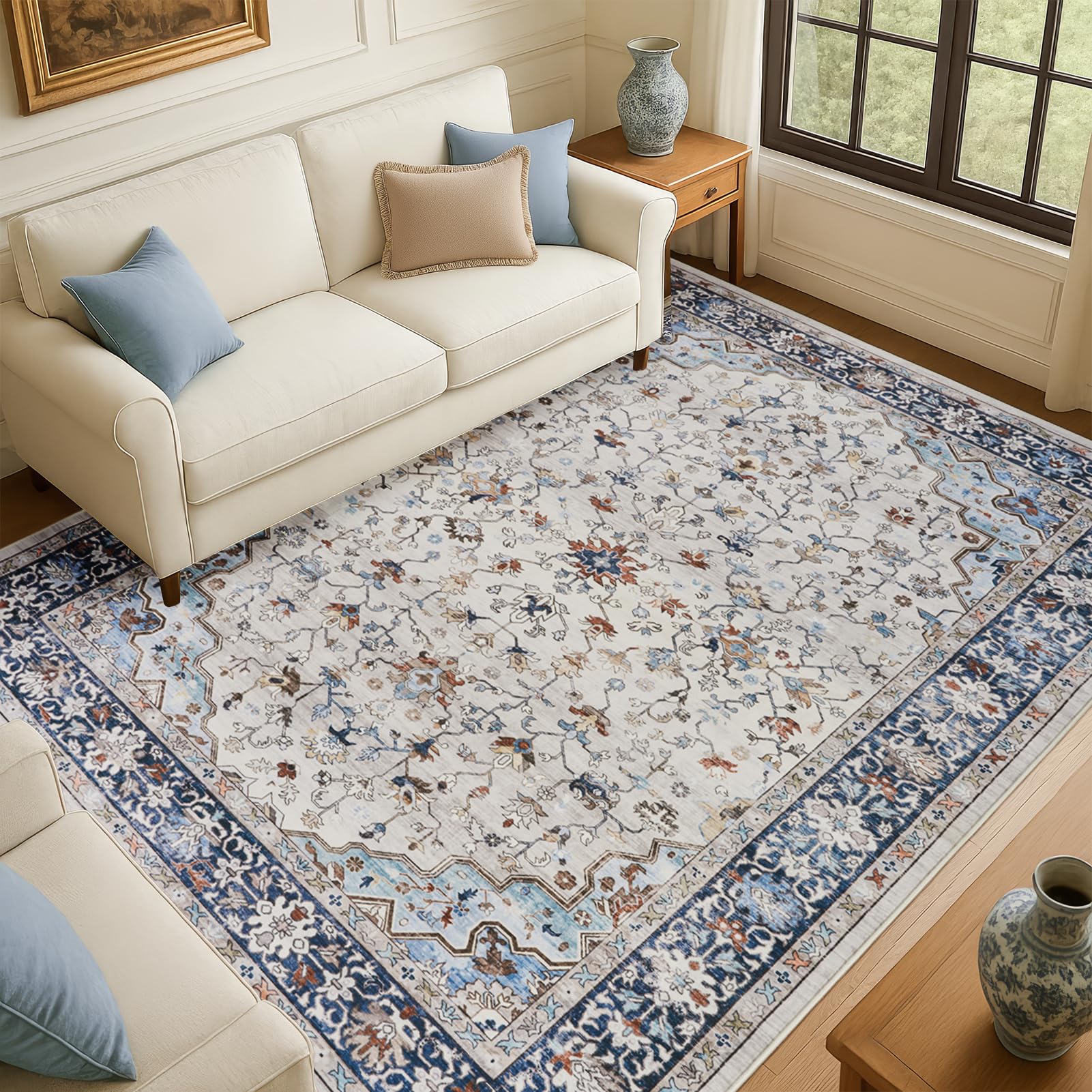 Topfinel Large Rugs for Living Room 200x290cm, Low Pile Washable Rug with Non-Slip Backing, Vintage Blue Area Rug for Bedroom, Dining Room