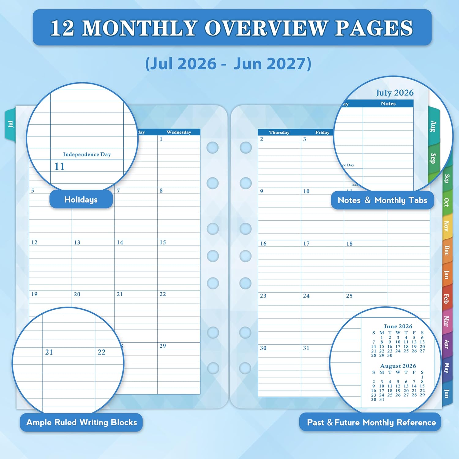 2026-2027 Planner Refills – Jul 2026 - Jun 2027, Two Pages Per Day Daily ＆ Monthly Planner 2026-2027, 5.5" x 8.4" Ring-Bound Organizer, Tabs, Quotes, Prioritized Task, Daily Tracker/Notes, Appointment Schedule