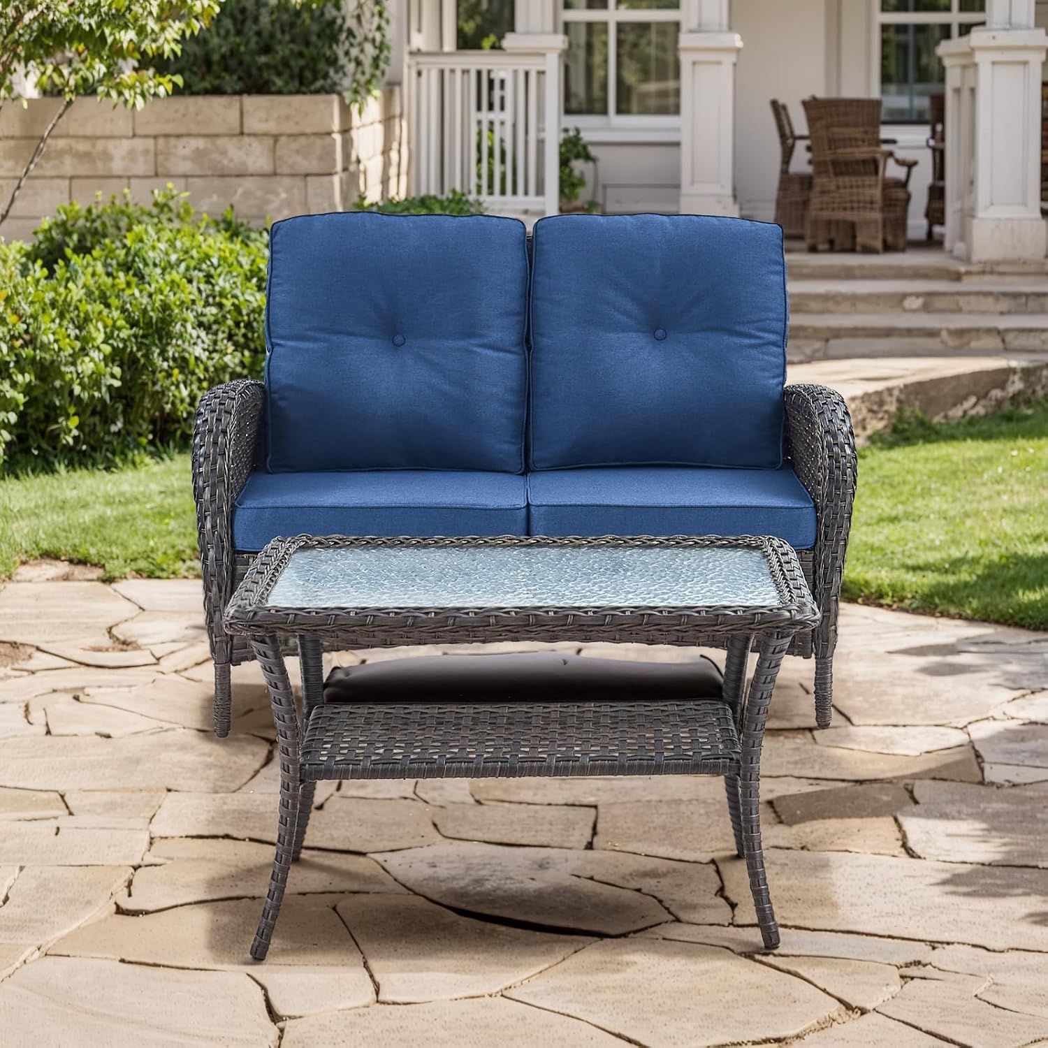HUMMUH Outdoor Loveseat Sofa 2-Seat PE Wicker Couch with Coffee Table,Deep Seat High Back Patio Furniture for Balcony,Garden,Porch,Deck(Blue)