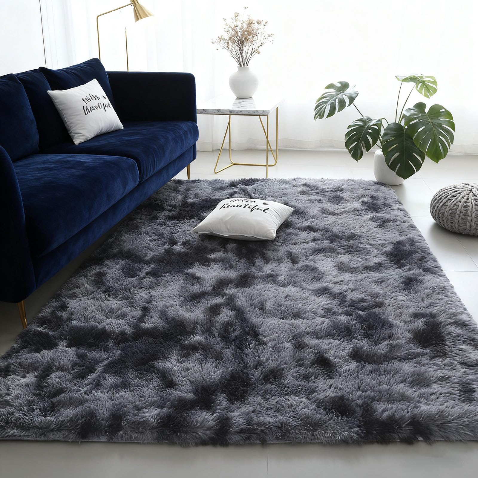 Tapis de chambre gris foncé 220 x 280 cm lavable et antidérapant
