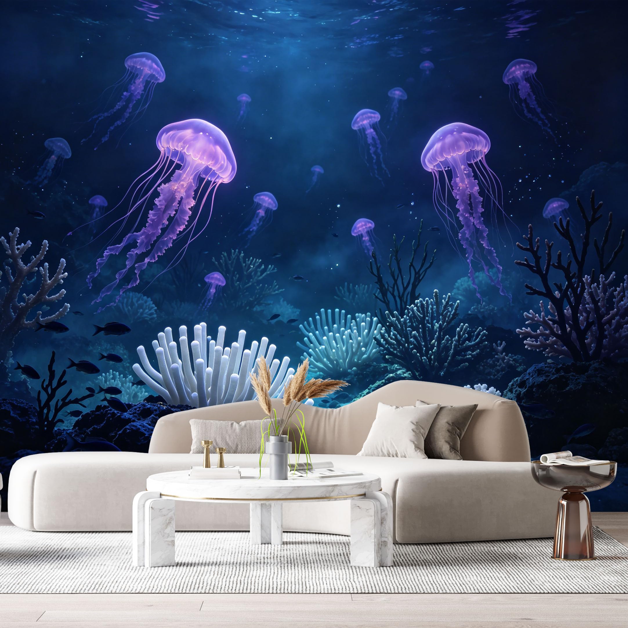 Custom Size Wall Murals Ocean Marine Jellyfish Coral Reef 3D Underwater SelfAdhesiveWall Fabric Removable Wallpaper Wall Decor for Living Room Bedroom Bathroom