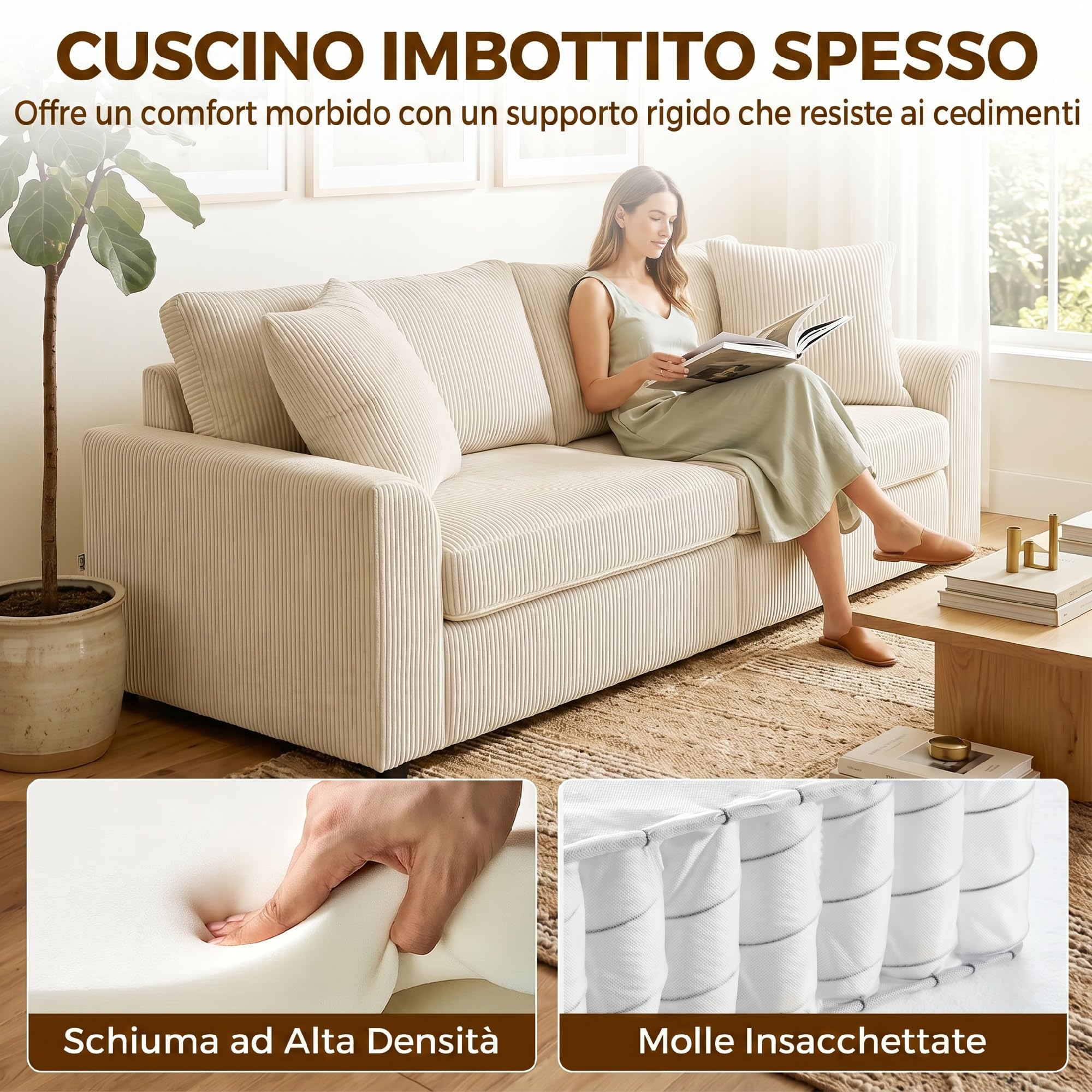 HOMCOM Divano 3 Posti con 2 Cuscini e Braccioli 212x80x88 cm Bianco Crema | in Velluto a Coste, Divanetto Moderno, Struttura in Acciaio, Imbottitura Morbido, Sofà per Casa Soggiorno Salotto