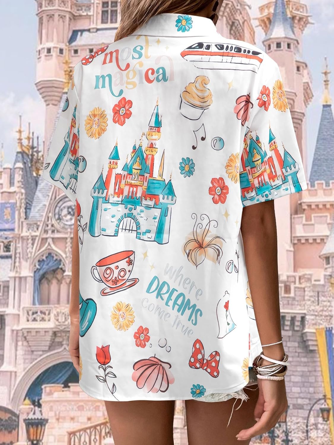 VILOVE Magical Shirt for Women Magic Hawaiian Shirts Princess Tshirt Funny Castle Graphic Family Vacation Button Up Tops - Image 4