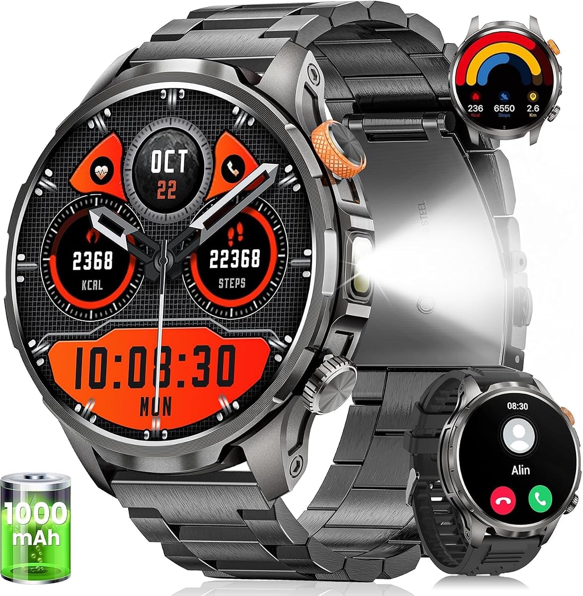 Relojes inteligentes militares para hombres (responder/hacer llamadas), reloj inteligente de 1,91"con presión arterial/frecuencia cardíaca/sueño/más de 100 modos deportivos, rastreador de fitness para Android y iPhone, relojes impermeables para hombres(negro)