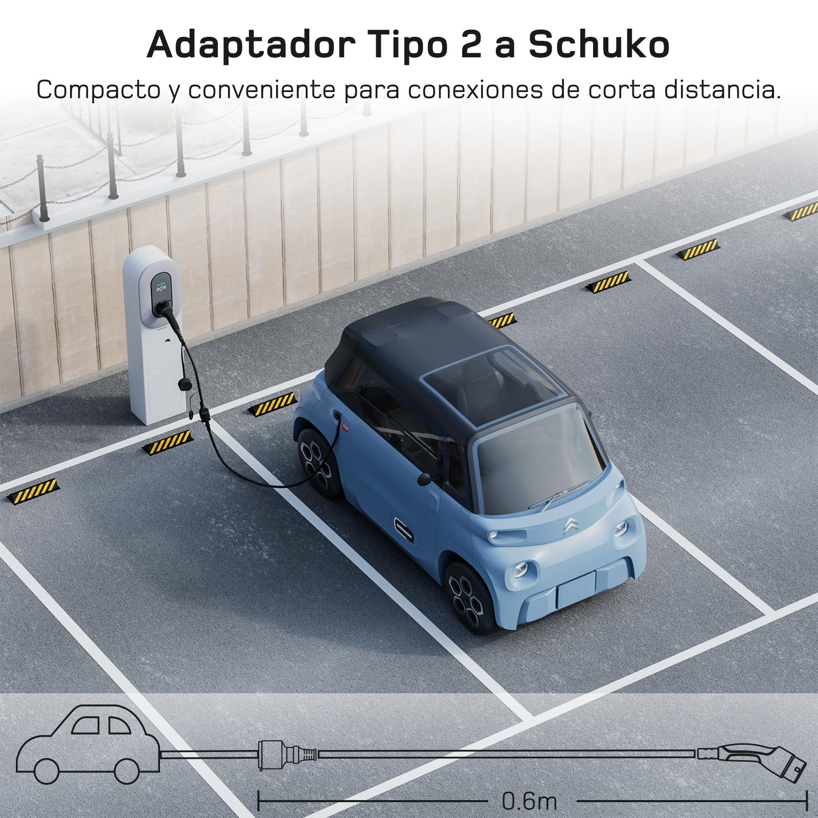 dé Adaptador Tipo 2 a Schuko 16A 0,6m Carga Fácil en estacion de Carga Coche/Wallbox 230V, IP55 para Bicicletas Eléctricas, Scooters Eléctricos y Motos No para V2L