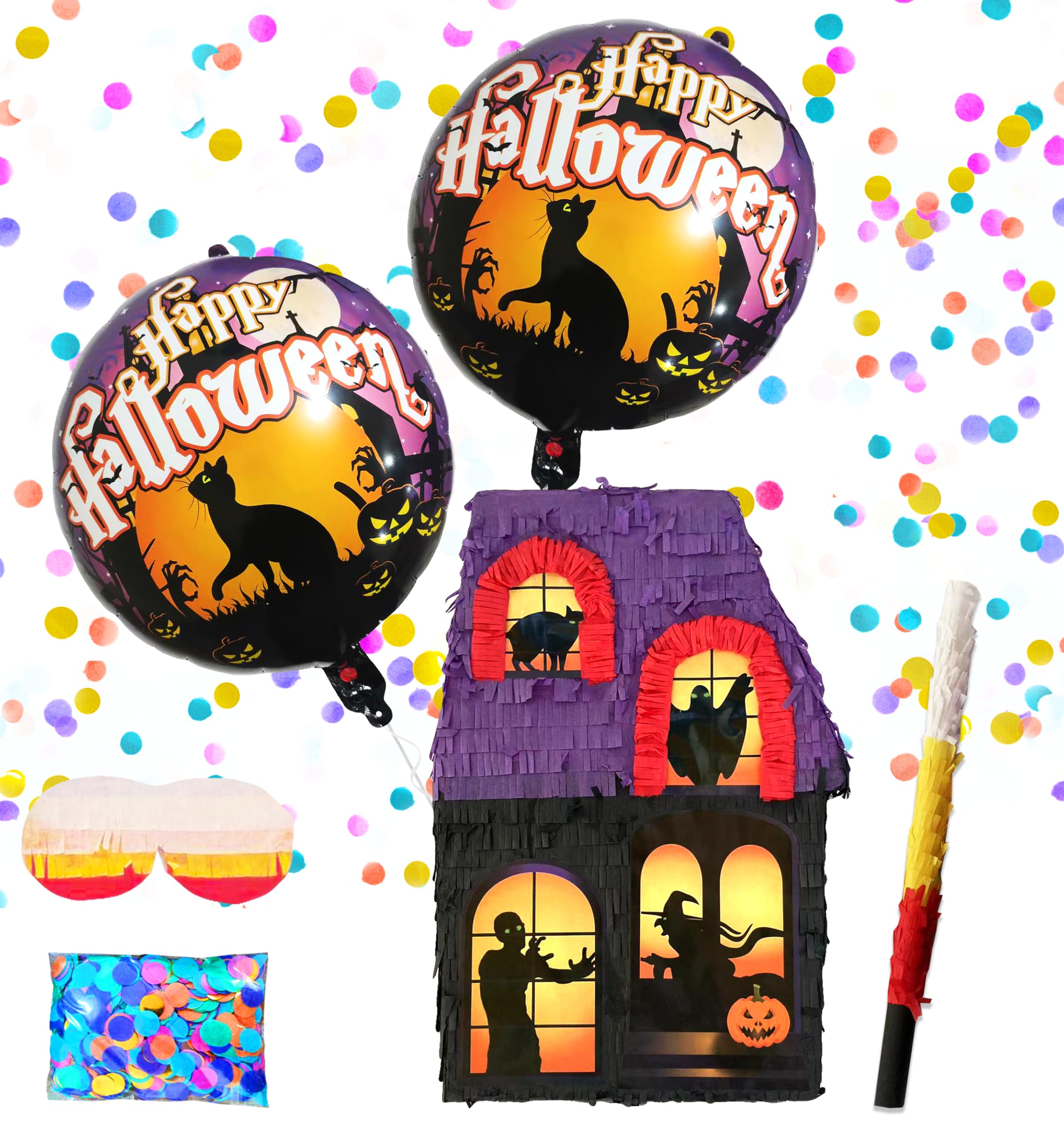Haunted House Pinatas Perfect for Halloween Celebrations, Themed Parties,Kids Birthday Games, Halloween Party Supplies, including Busterstick, Blinfold, Confetti and 2 Ballons